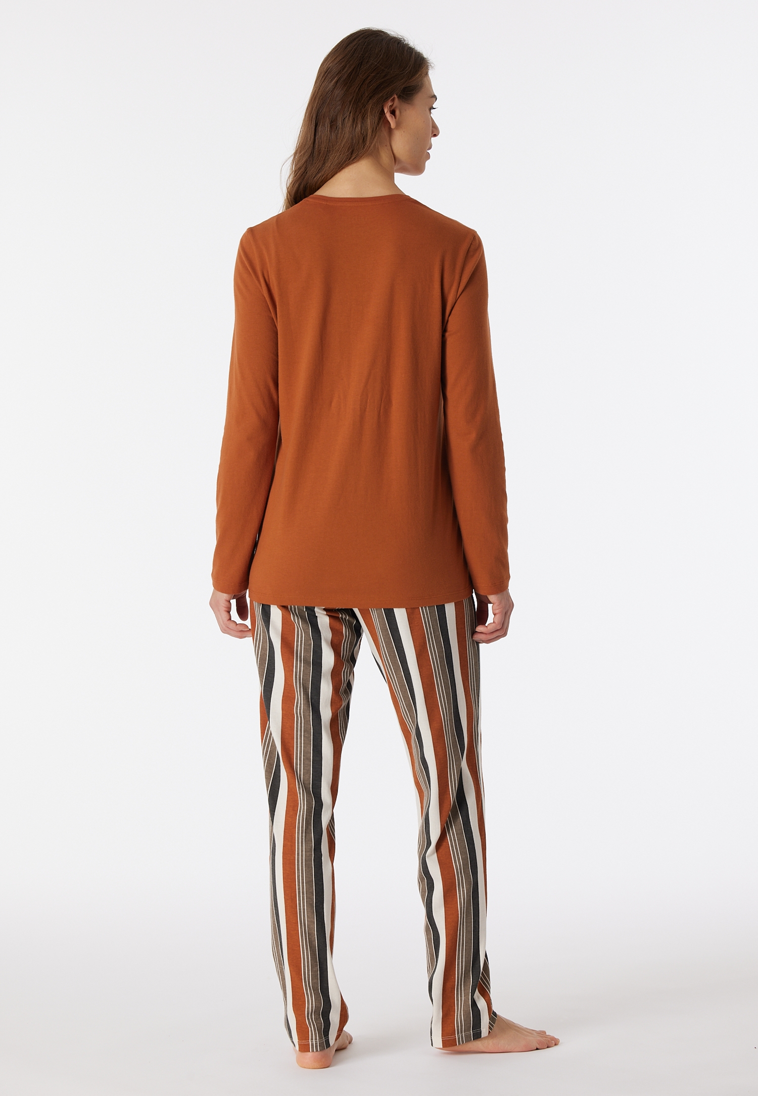 Damen-Schlafanzug mit gestreifter Hose aus Single-Jersey in 100 % Bio-Baumwollelang