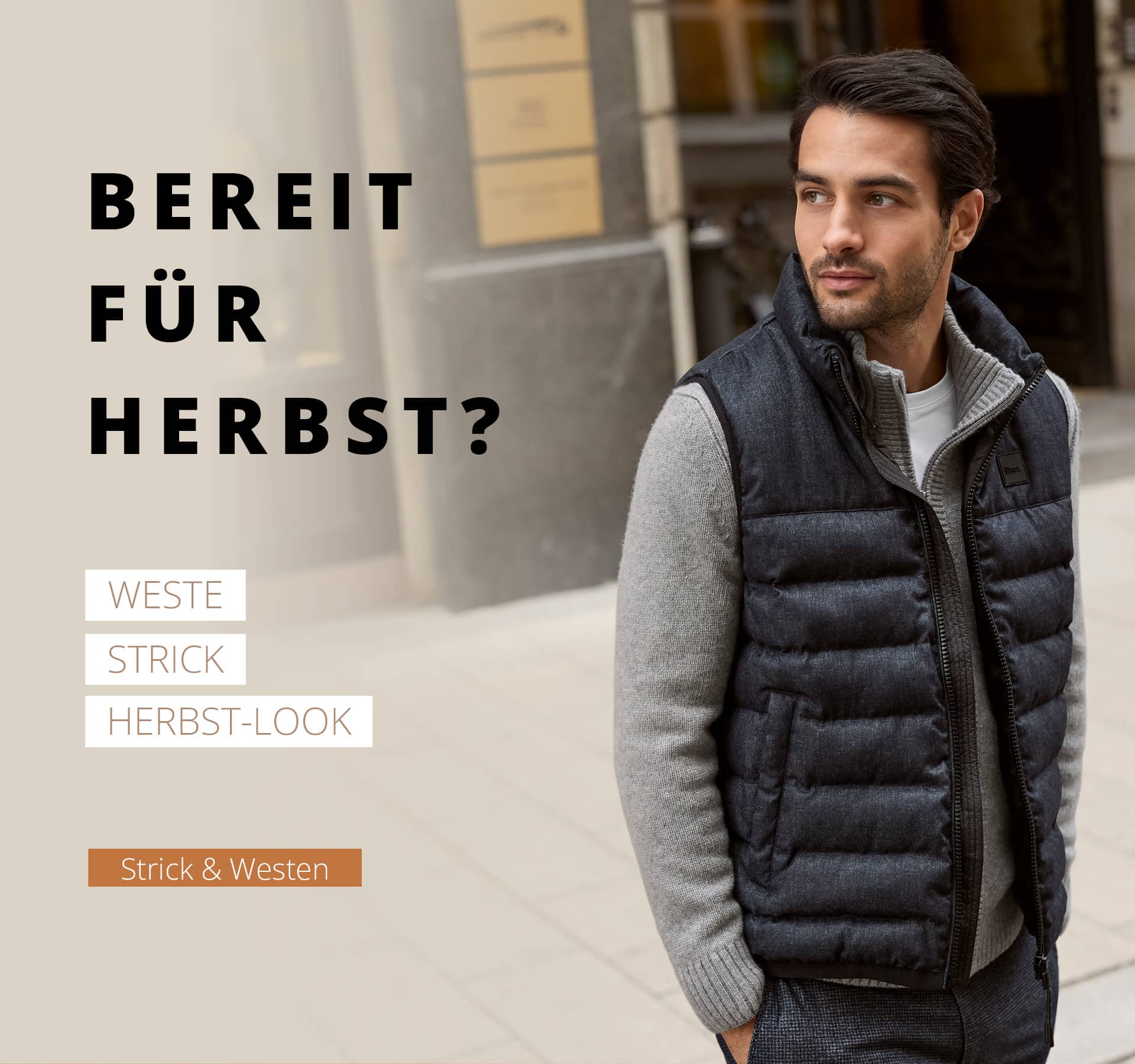 Mann in Outdoorweste und Strickpullover