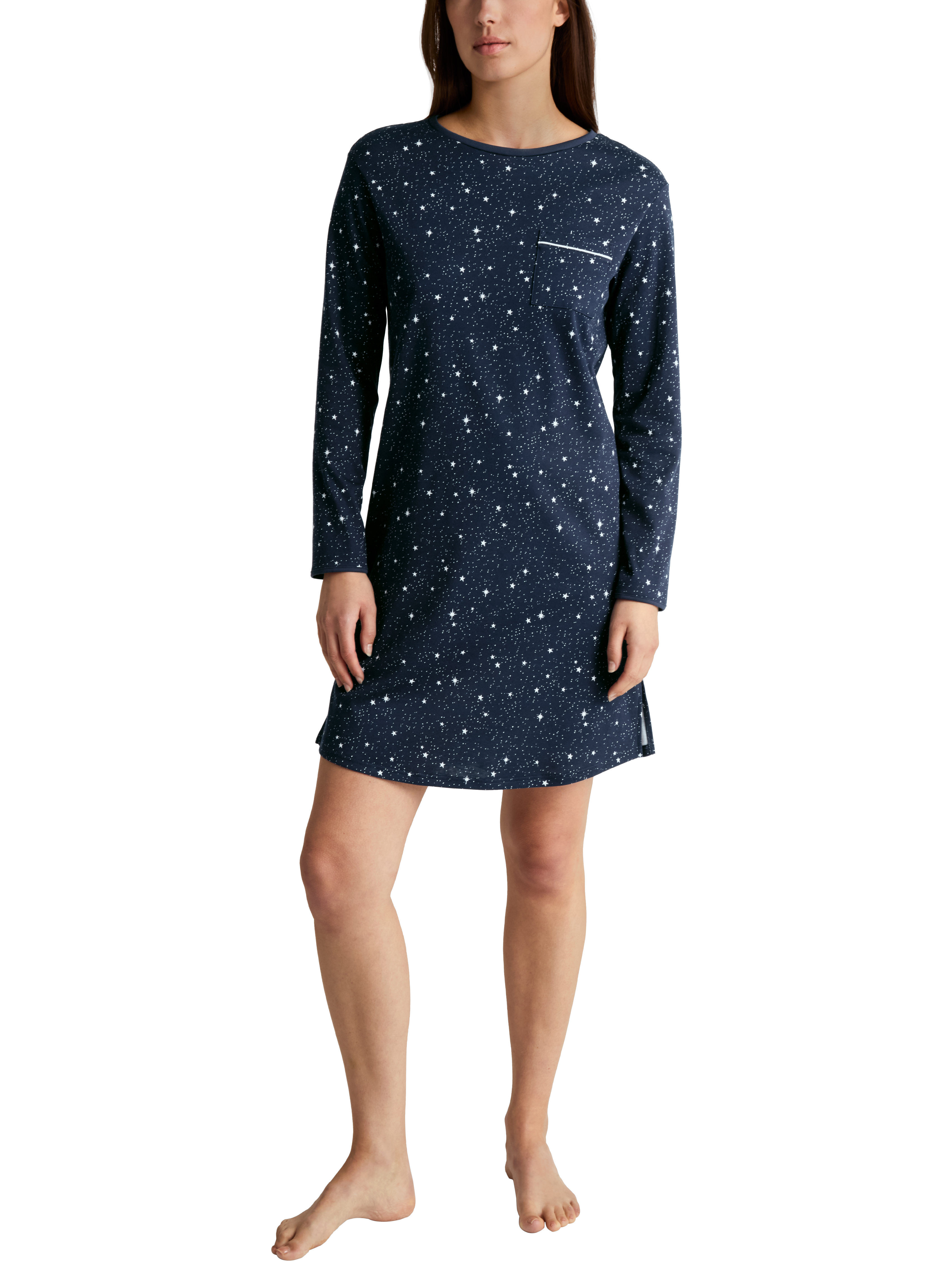 Damen-Sleepshirt mit Allover-Minimal-Print und aufgesetzter Brusttasche aus reinem Baumwoll-Jersey