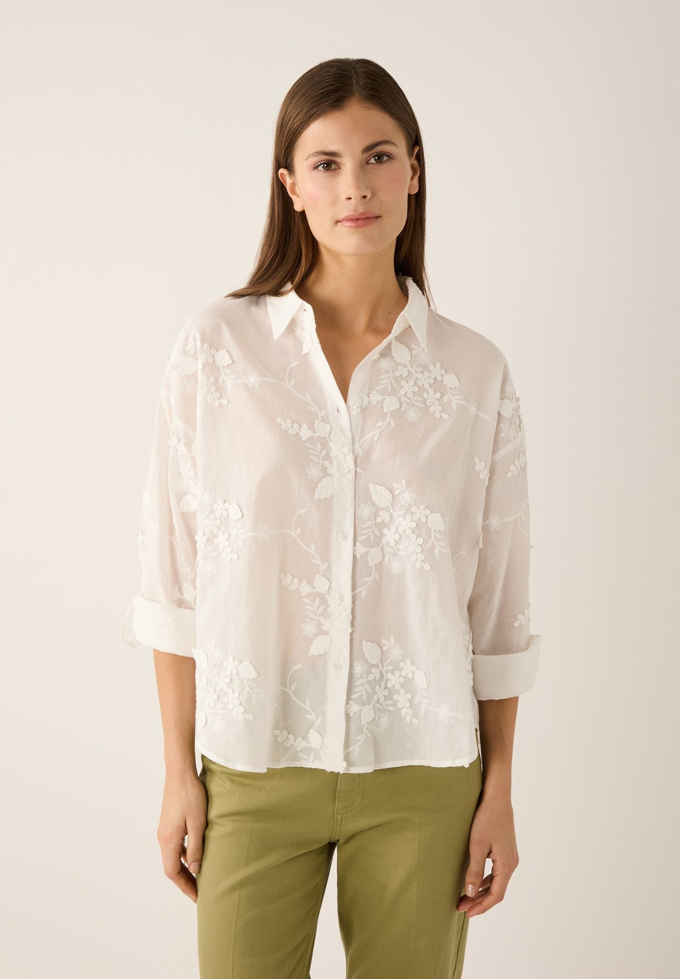 romantische uni Bluse mit Allover-Bestickung aus Baumwolle
