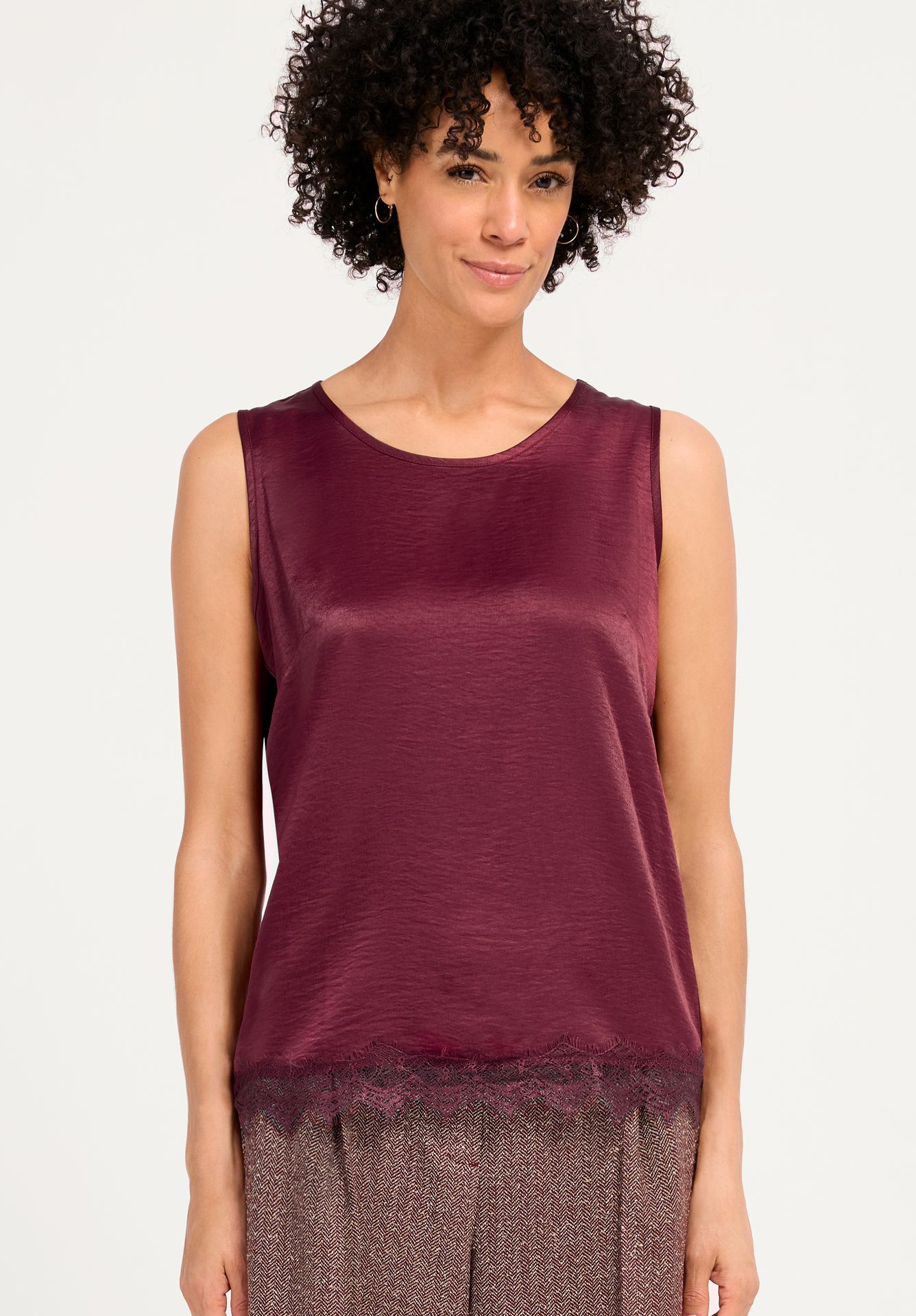 elegantes uni Blusen-Top mit Spitzenrand aus Viskose-Mix
