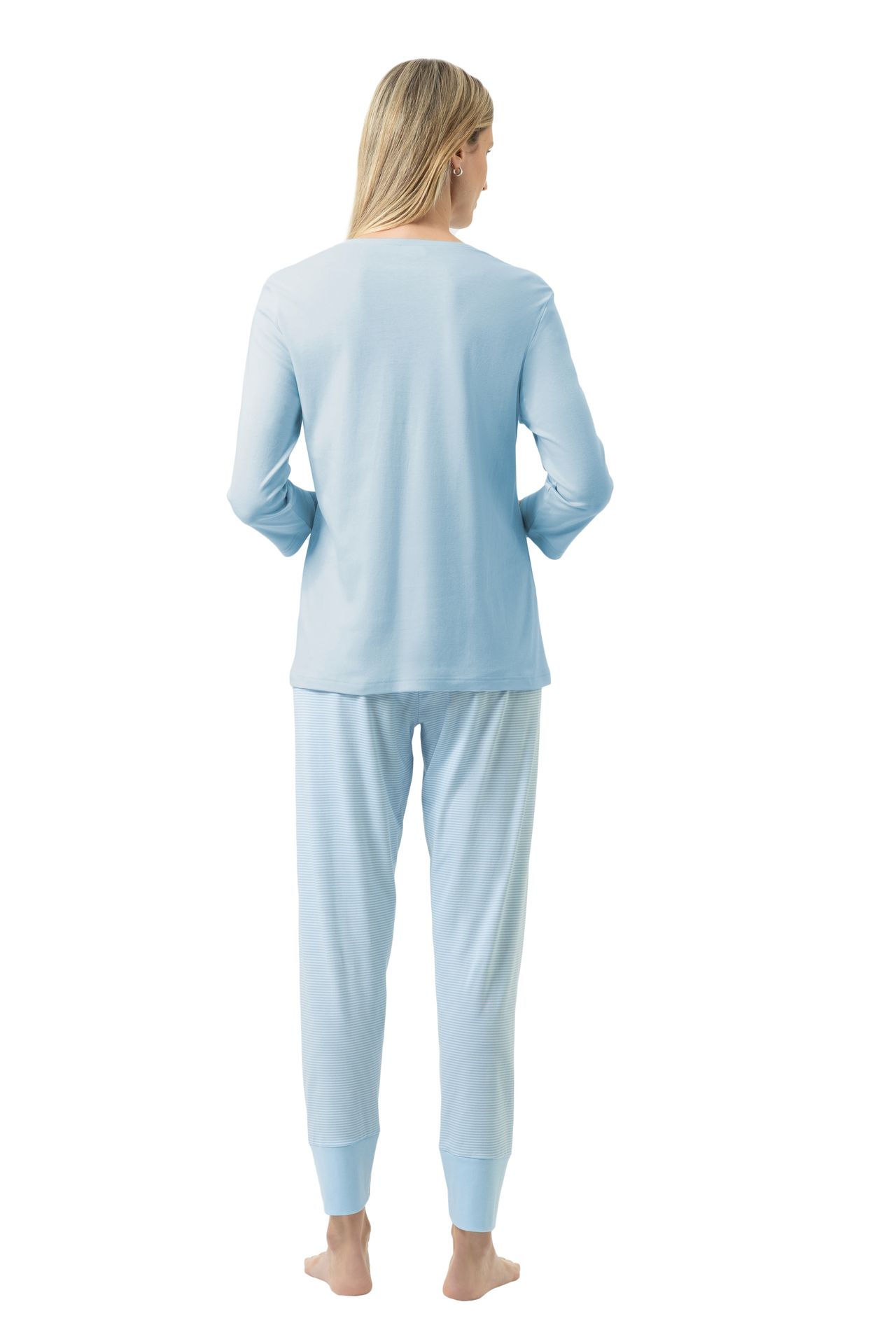 Damen-Schlafanzug mit uni Oberteil und gestreifter Hose aus reinem Baumwoll-Interlock-Jersey