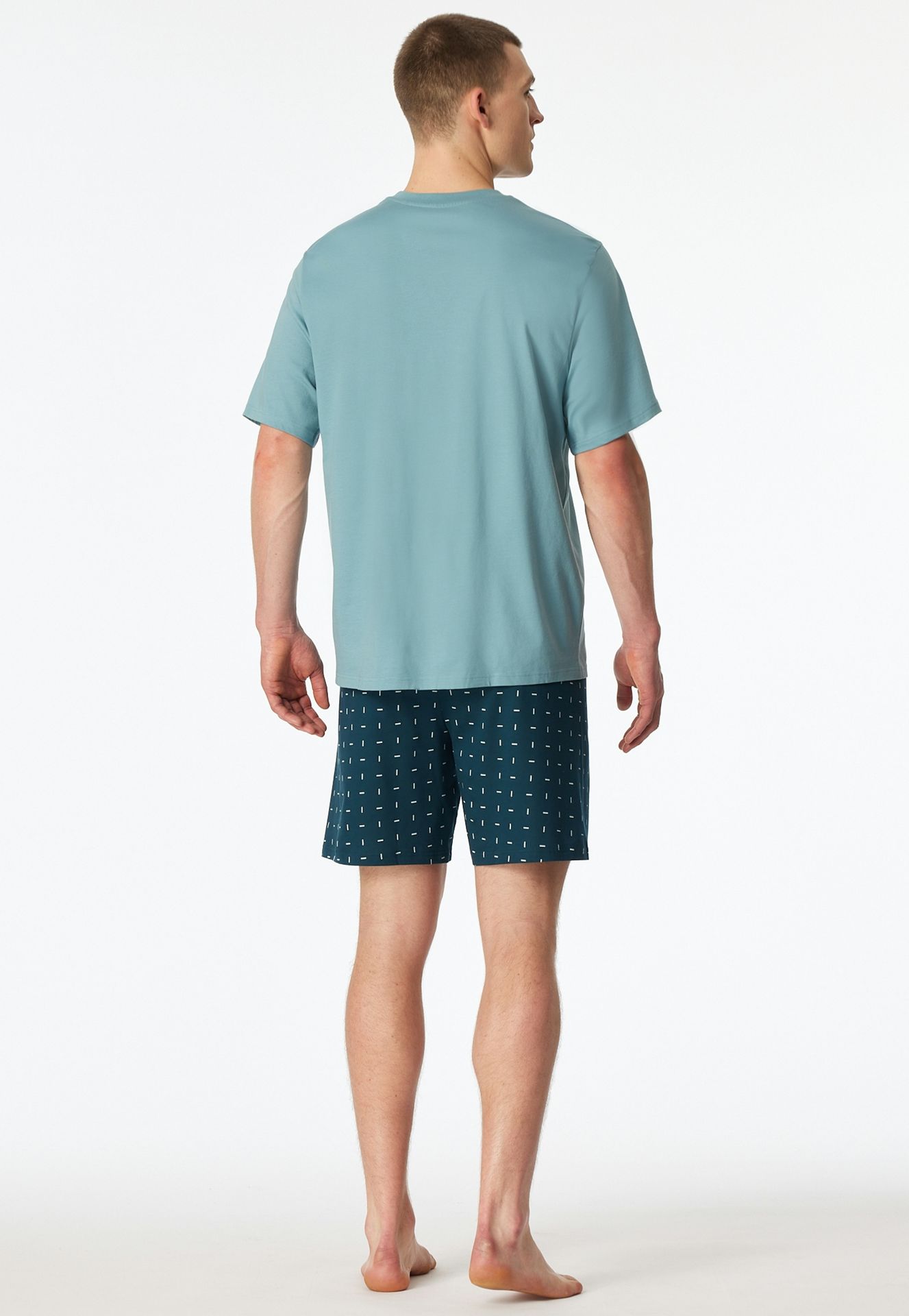 kurzer Herren-Schlafanzug mit uni Oberteil und gemusterter Hose aus reinem Baumwoll-Jersey