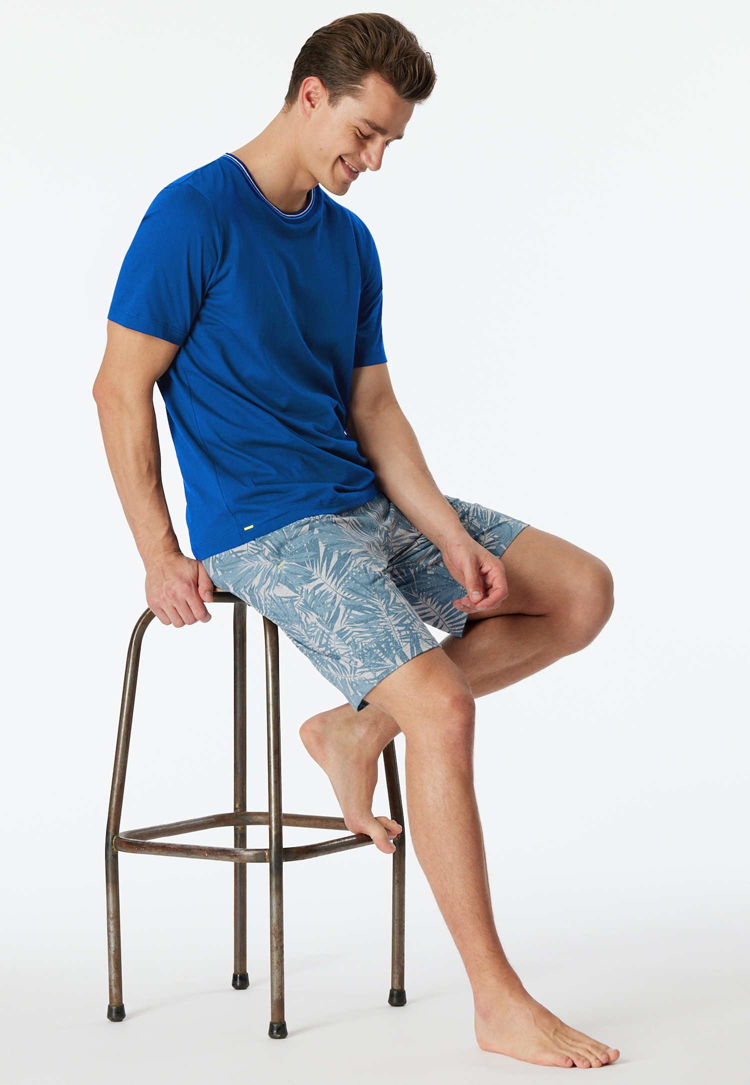 kurze Herren Night-Pants mit Blätterdessin aus softem Single-Jersey