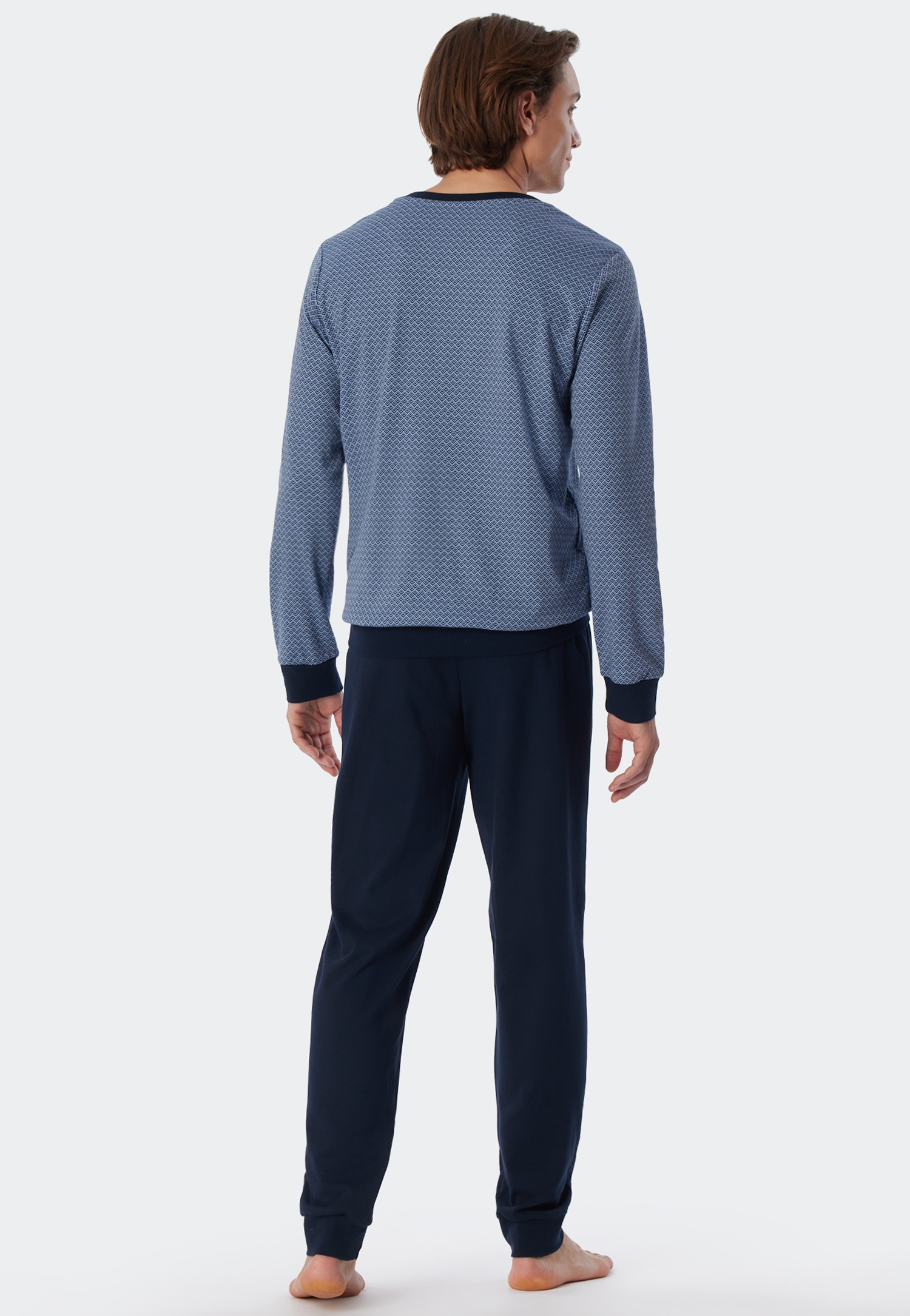 langer Bündchen-Schlafanzug aus reinem Baumwoll-Interlock-Jersey mit dezent-gemusterten Oberteil