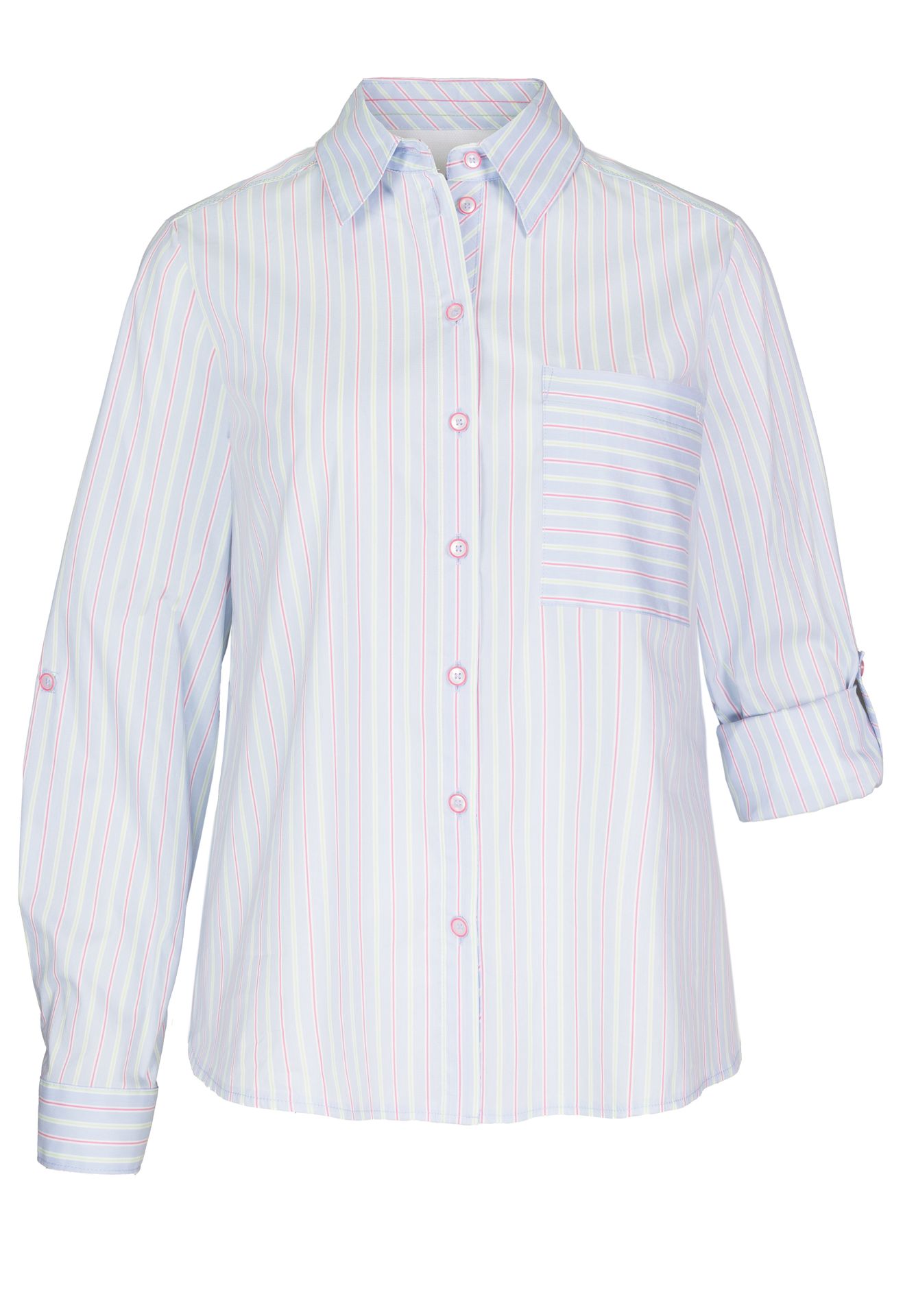 Hemdbluse "ANINA" mit Multi-Color-Streifen und Krempel-Arm aus Baumwoll-Mix