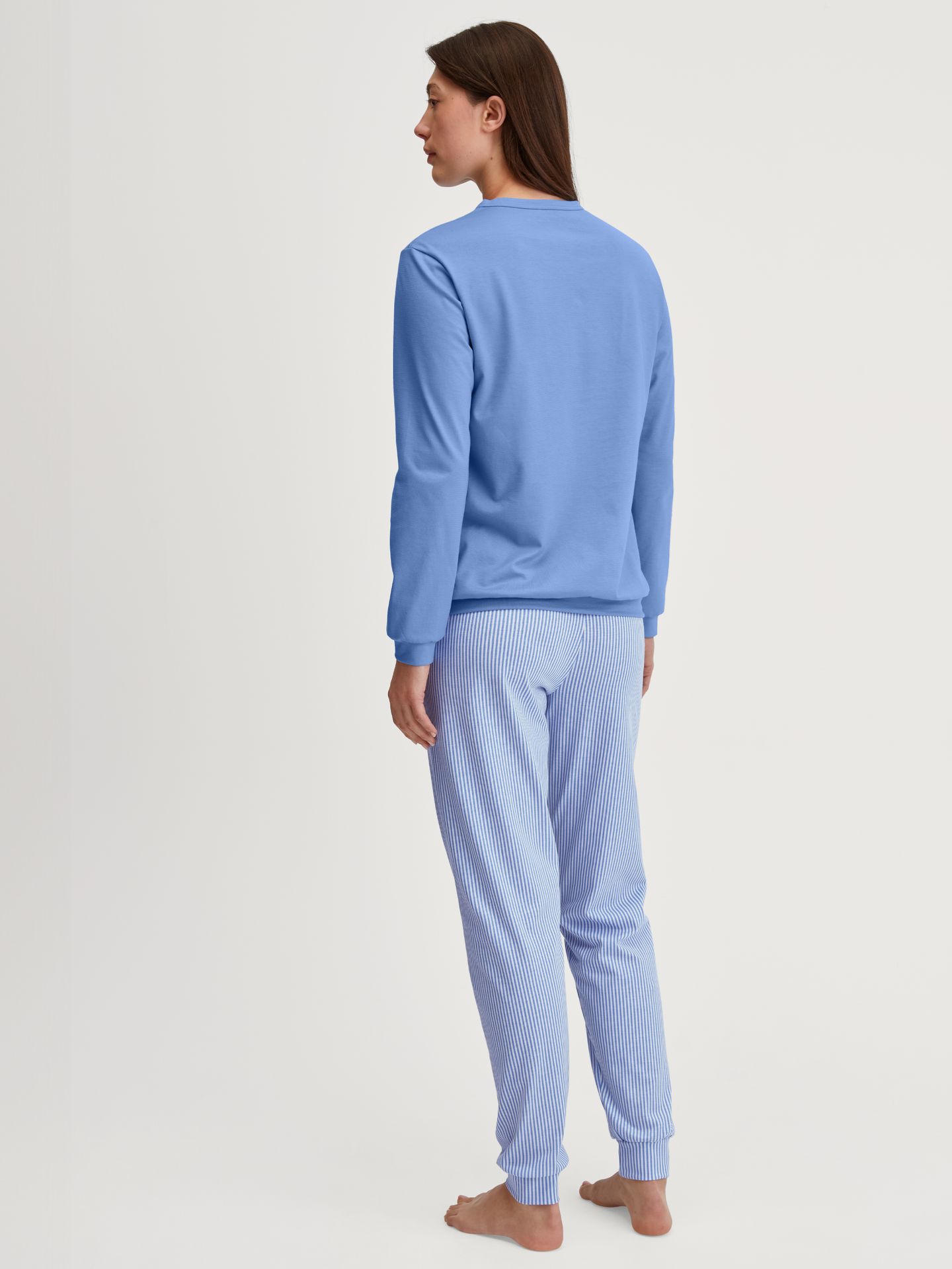 Damen-Bündchen-Schlafanzug mit gestreifter Hose aus reinem Baumwoll-Jersey