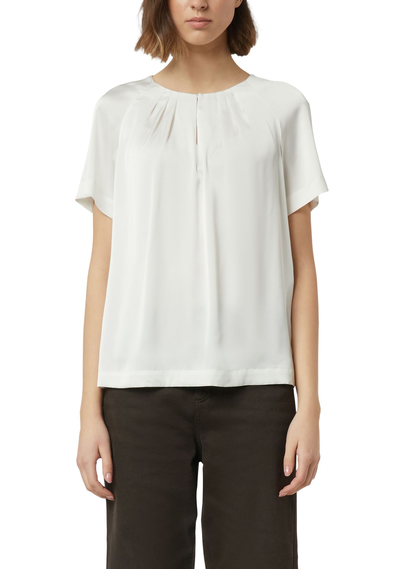 feminines uni Blusenshirt mit Raffung am Ausschnitt aus Satin