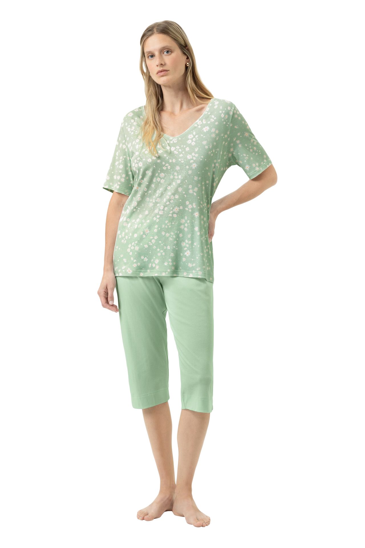 Damen-Schlafanzug mit gemustertem Oberteil und uniCaprihose aus reinem Baumwoll-Jersey