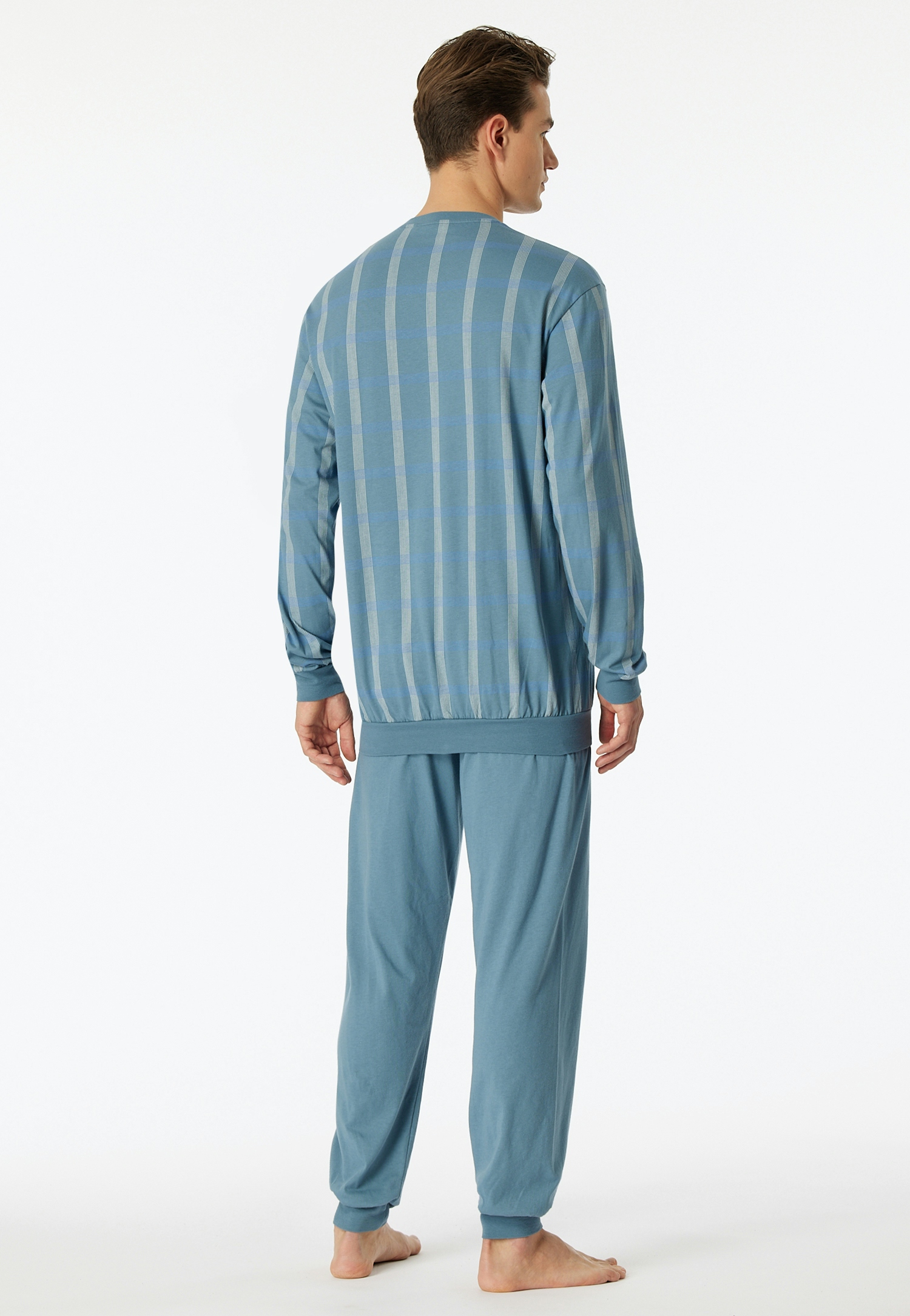 langer Herren-Schlafanzug  aus reinem Baumwoll-Single-Jersey in Organic-Cotton, gemustertes Oberteil uni Hose