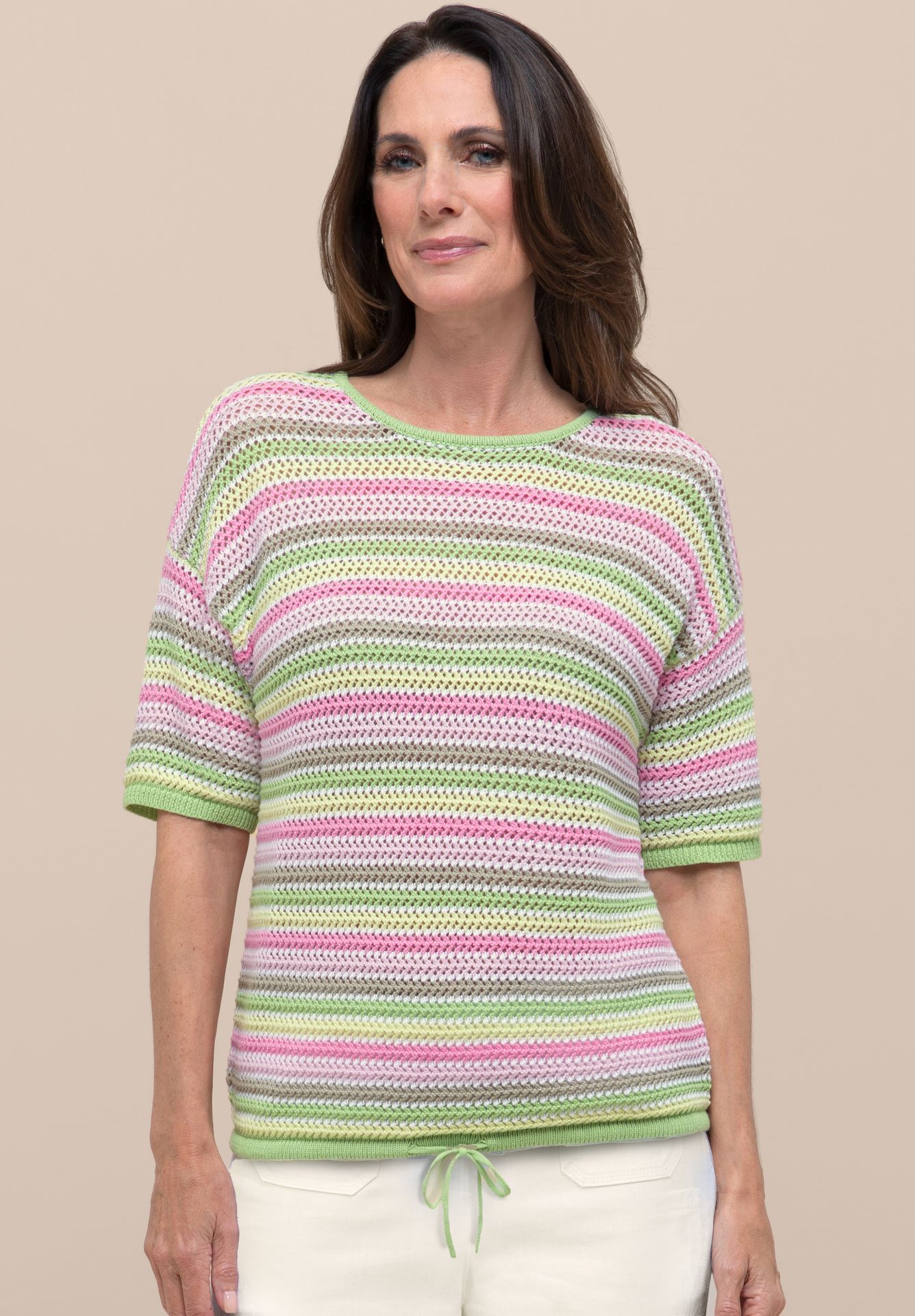 Halbarm-Strickpullover "OLINDE" im stylischen Streifendessin aus reiner Baumwolle