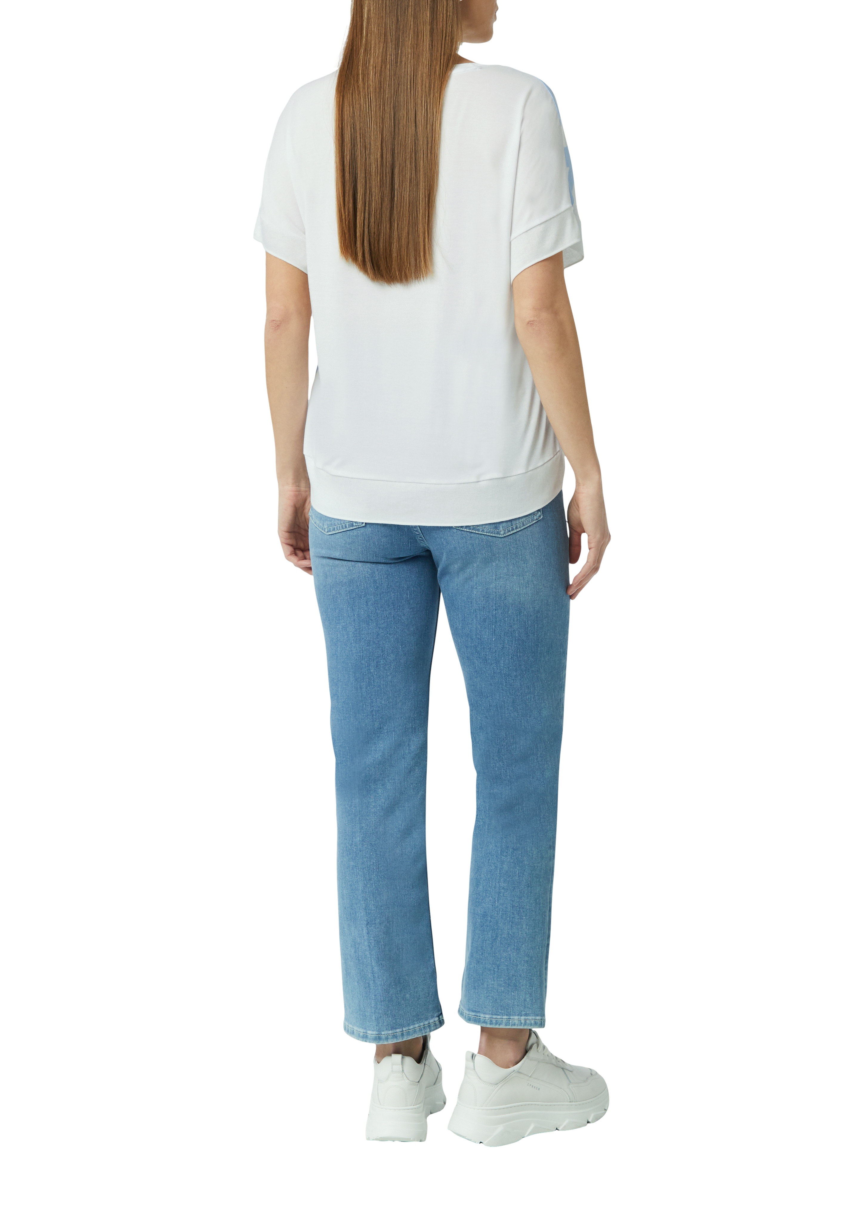 T-Shirt mit Blockstreifen und Vogel-Print aus Viskose