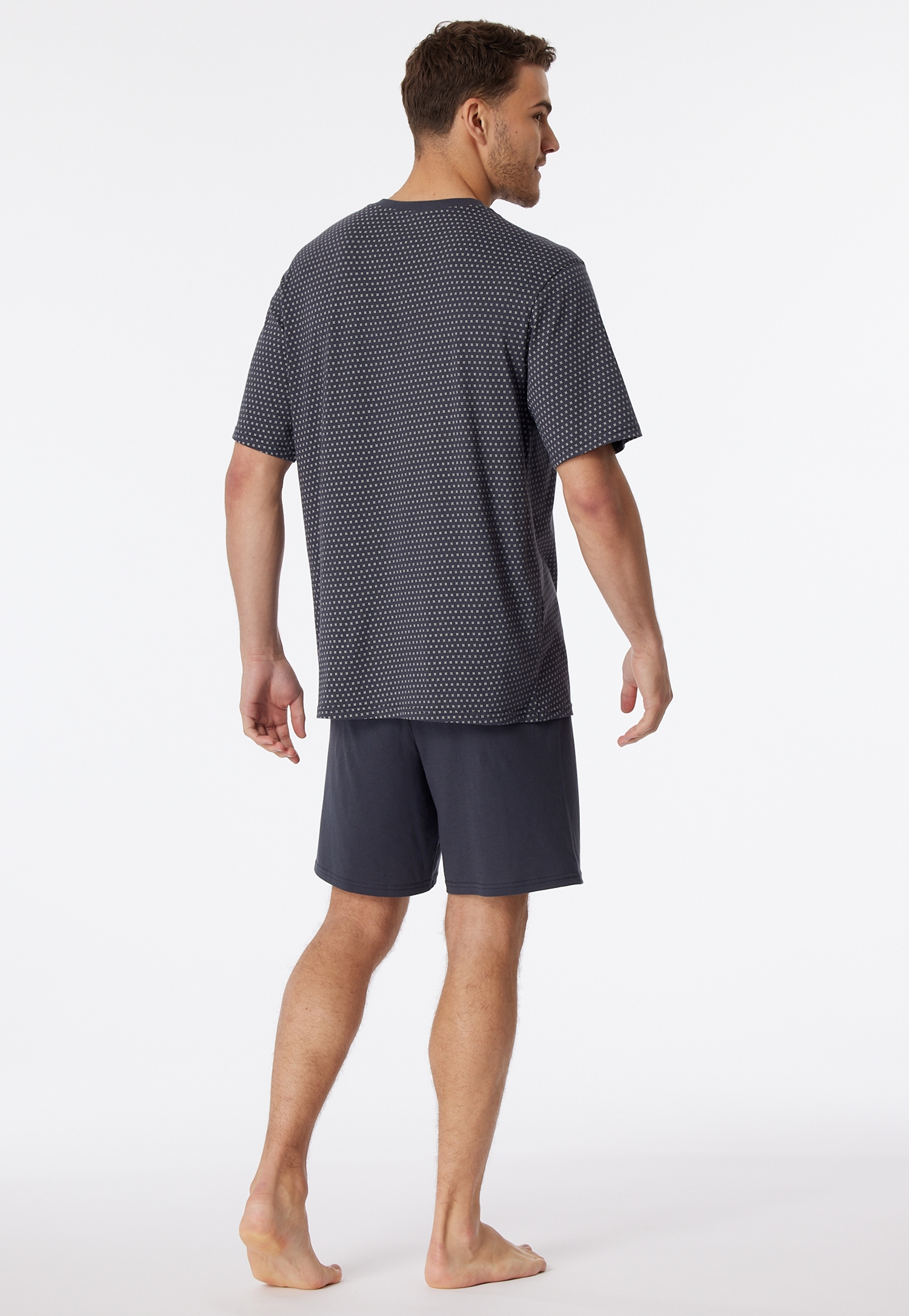 kurzer Herren-Schlafanzug Oberteil im Minimal-Print Hose uni aus reinem Baumwoll-Jersey