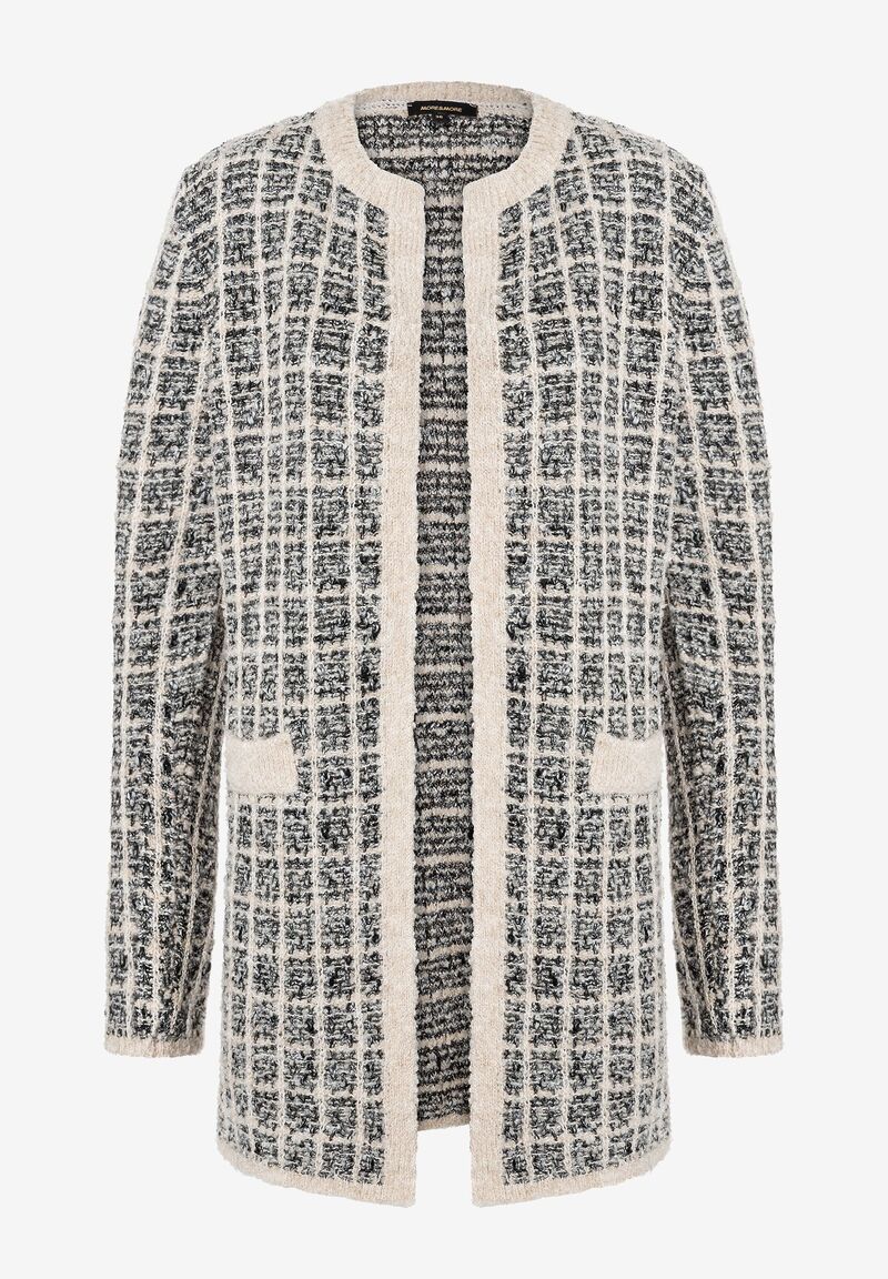 langer offener Strick-Cardigan mit Karo-Jacquard