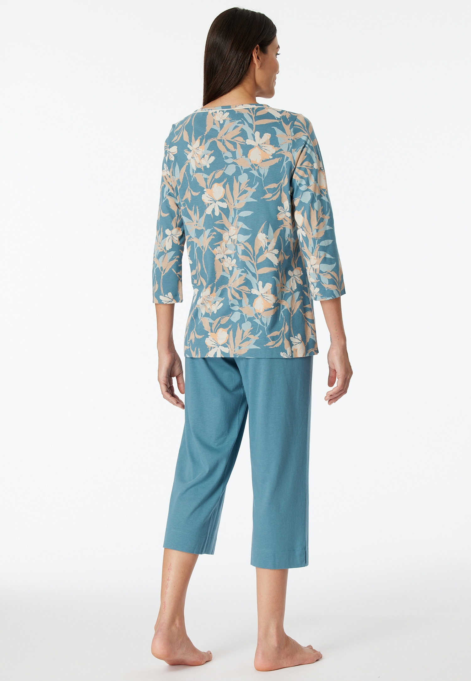 3/4 langer Damen-Schlafanzug in Multicolor mit geblümten Shirt aus Bio-Baumwoll-Modal-Single-Jersey