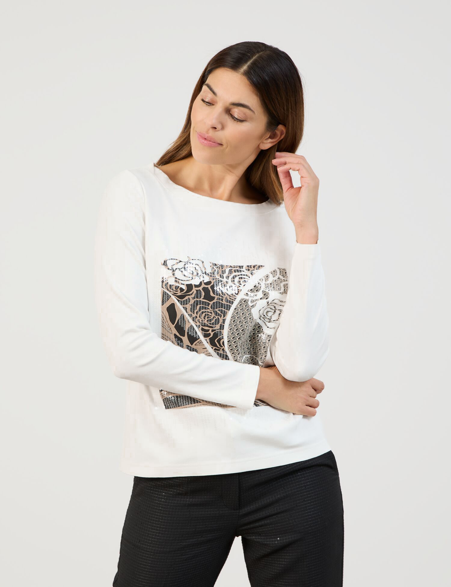 Langarmshirt mit Frontprint und Pailletten