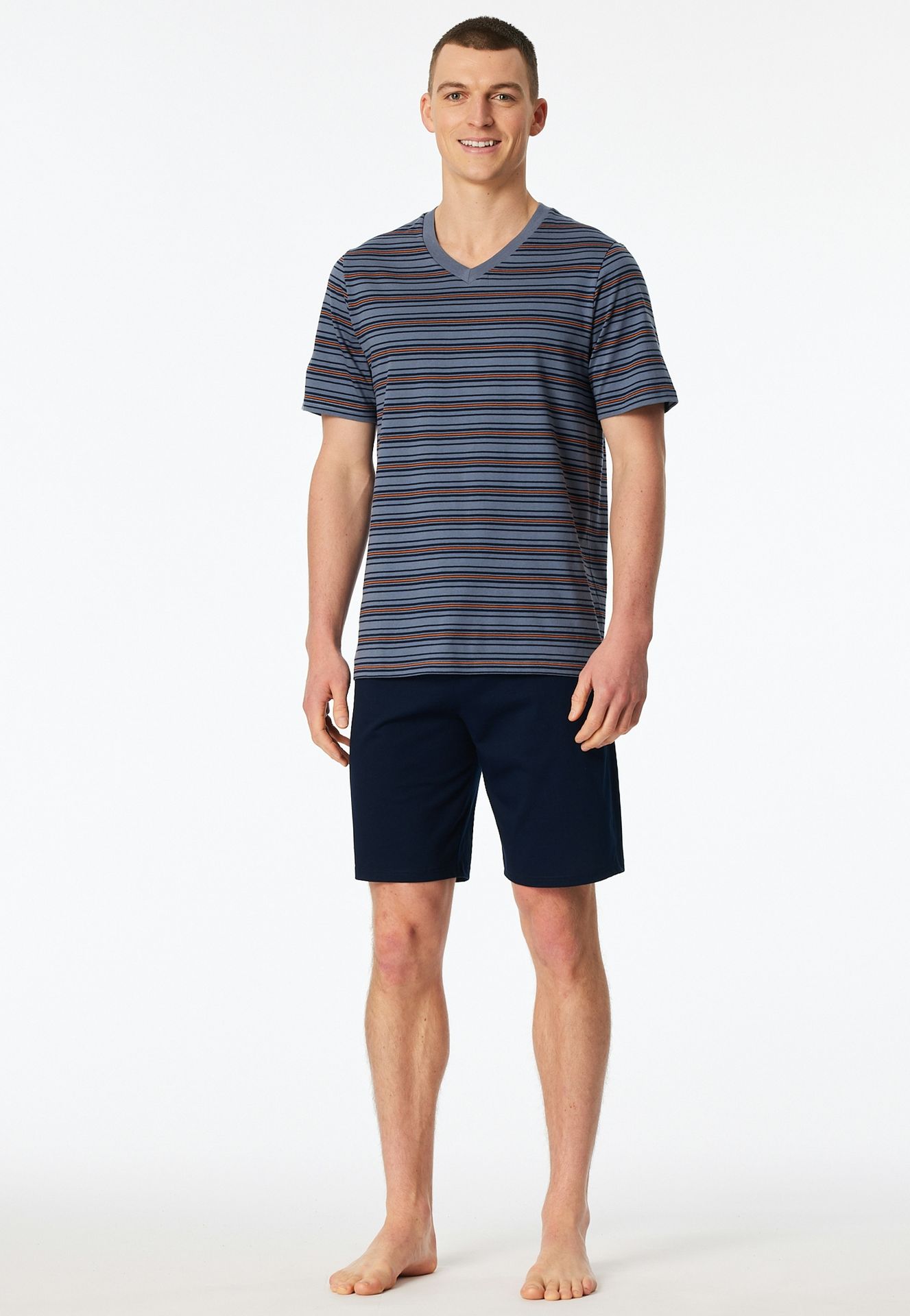 kurzer Herren-Schlafanzug mit geringeltem Oberteil und uni Shorts aus reinem Baumwoll-Jersey