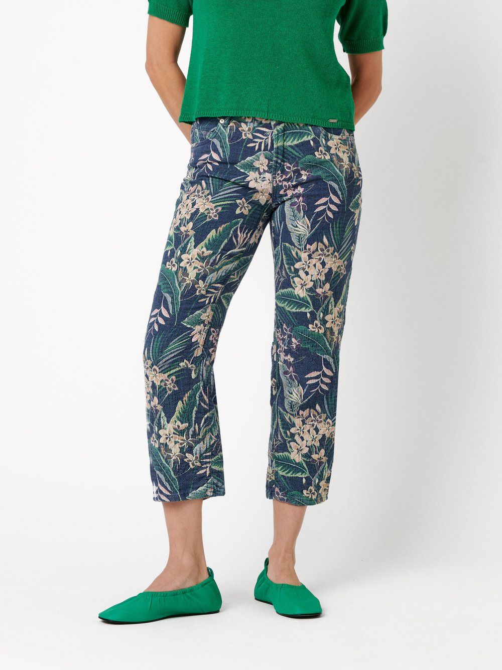 feminine Damen-Jeans "Ella Cropped" im Plus-Fit-Style mit Allover-Jacquard-Muster aus Baumwoll-Mix