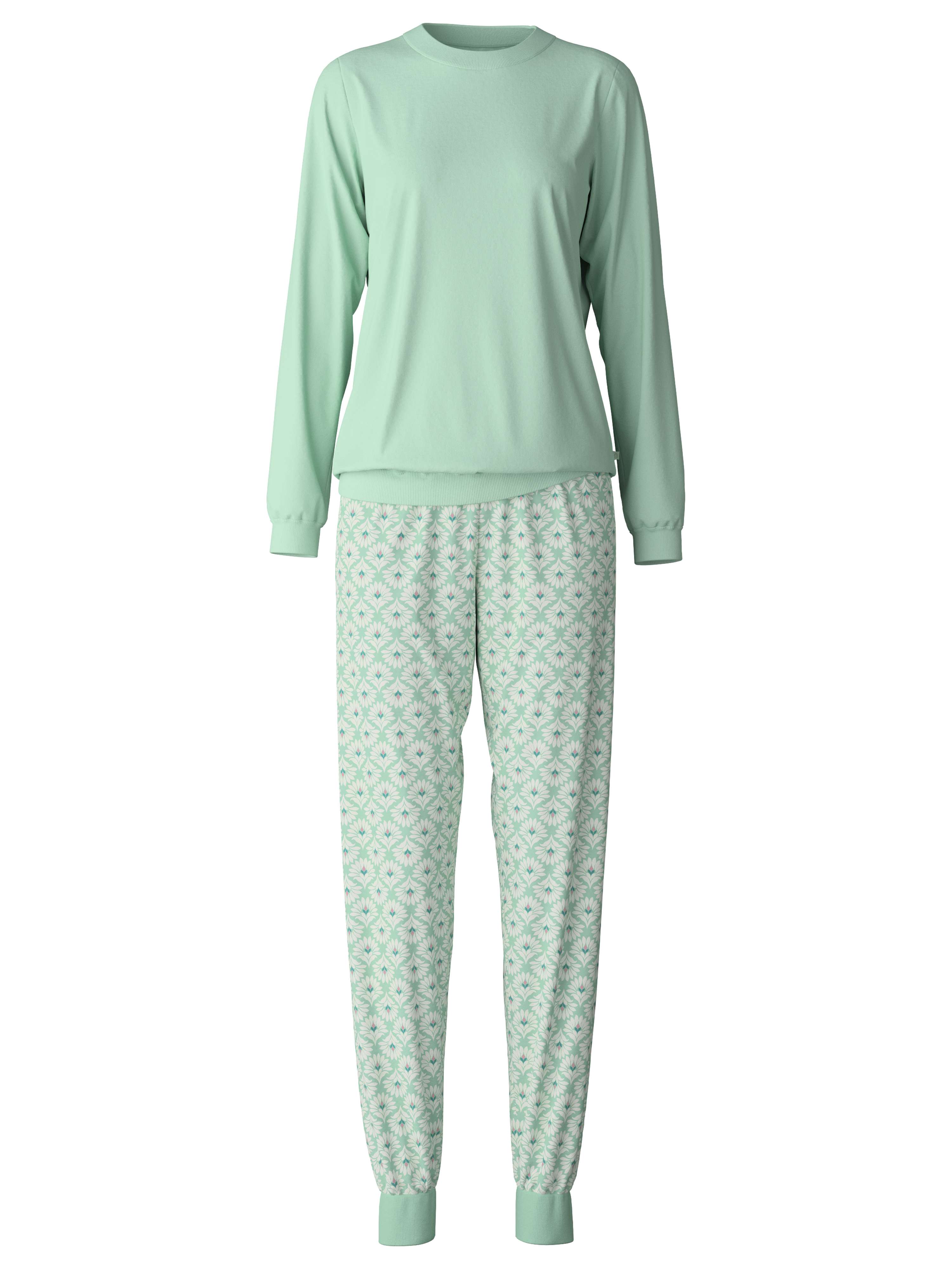 langer Damen-Bündchen-Schlafanzug mit gemusterter Hose