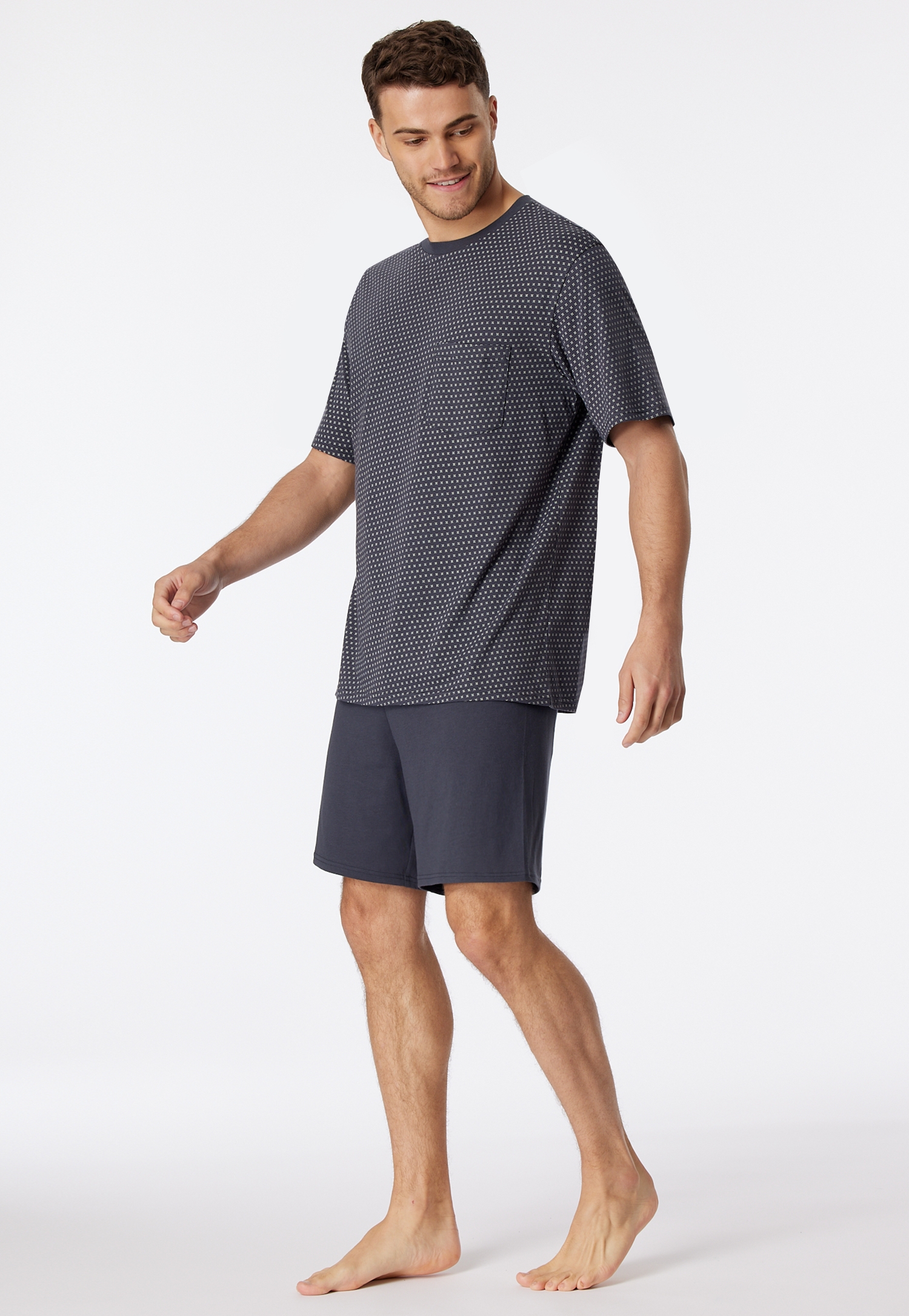 kurzer Herren-Schlafanzug Oberteil im Minimal-Print Hose uni aus reinem Baumwoll-Jersey