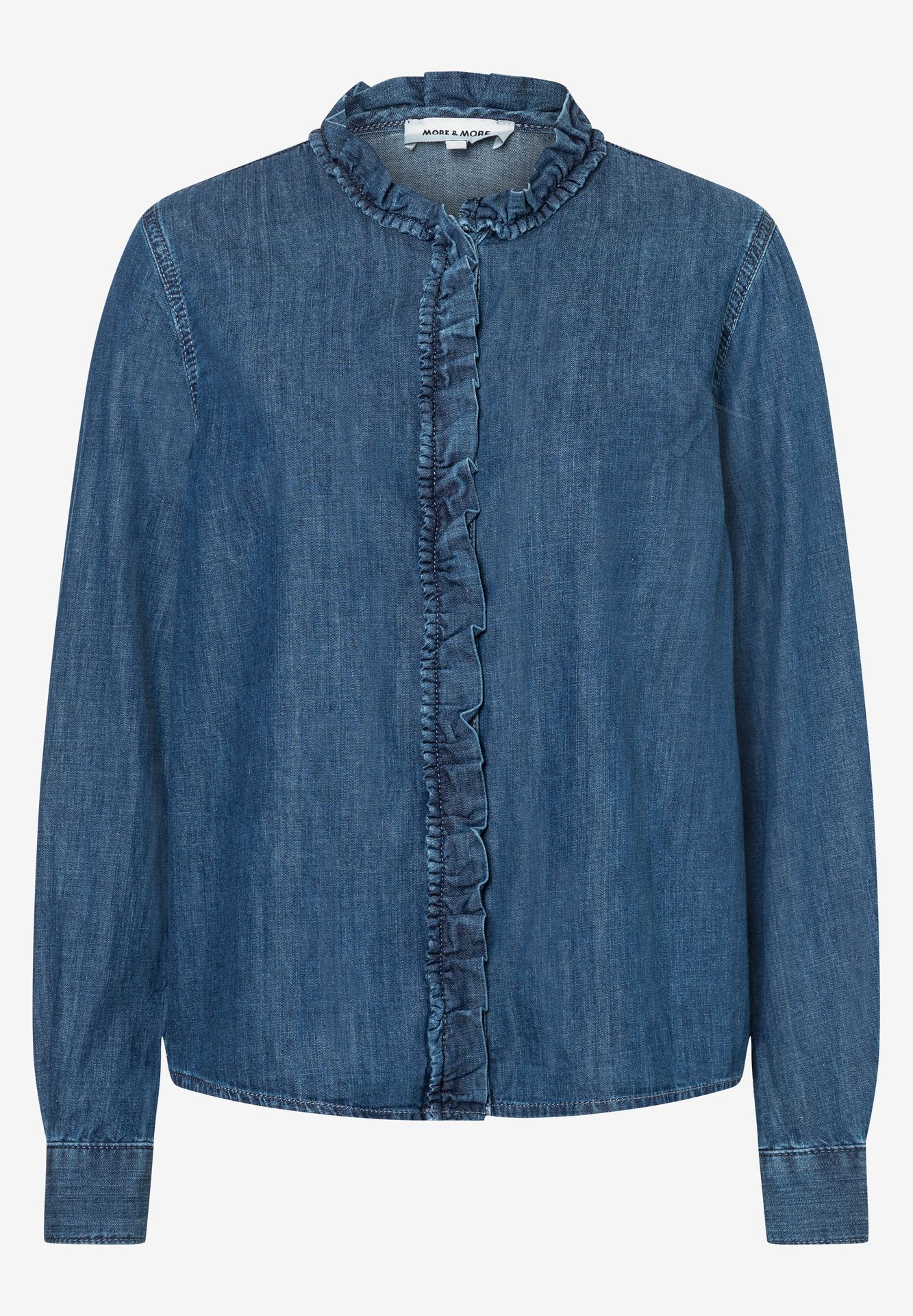 verspielte Jeansbluse mit Rüsche aus reiner Baumwolle