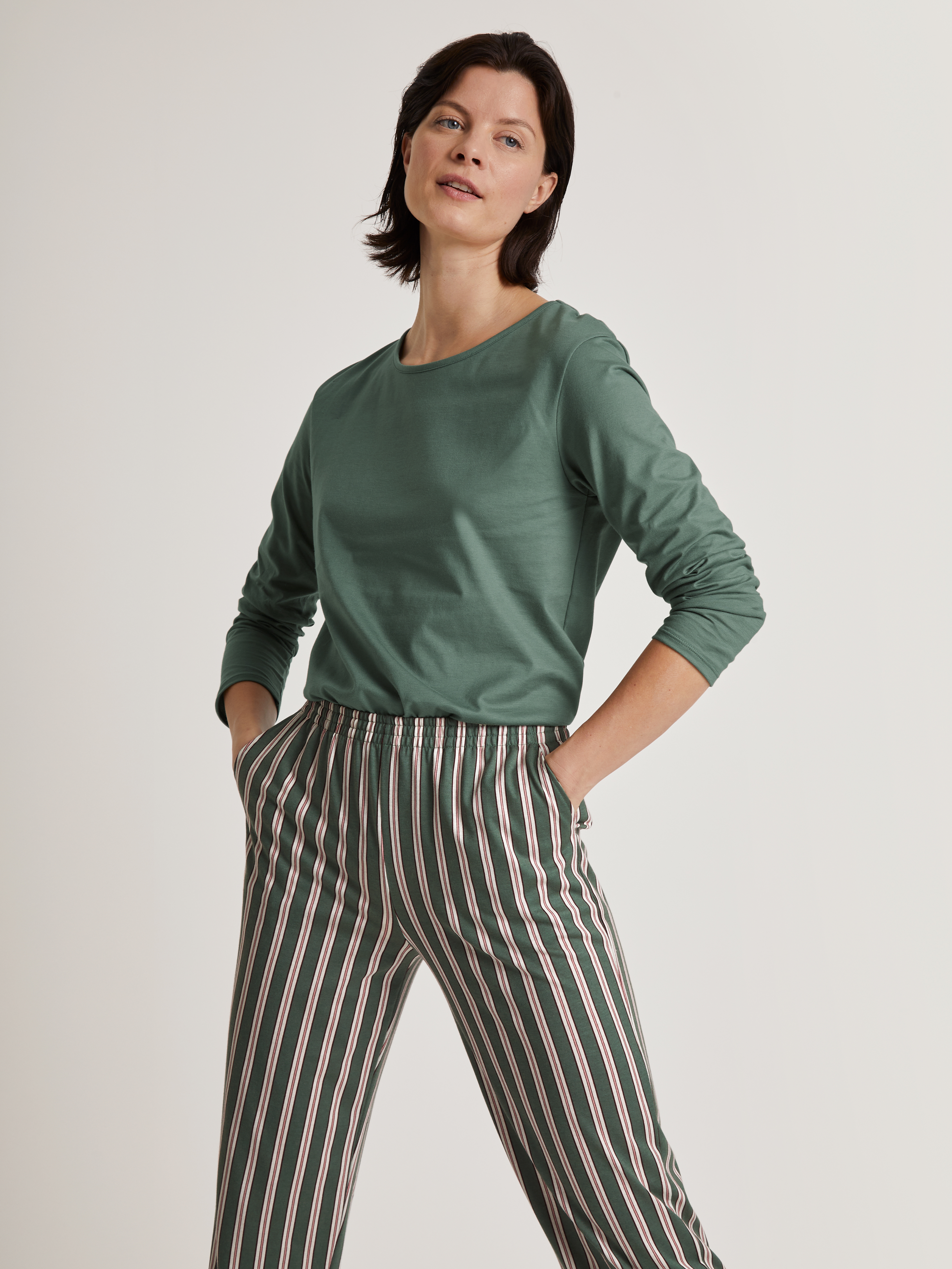 Damen-Lounge-Hose, längs gestreift aus reinem Baumwoll-Jersey