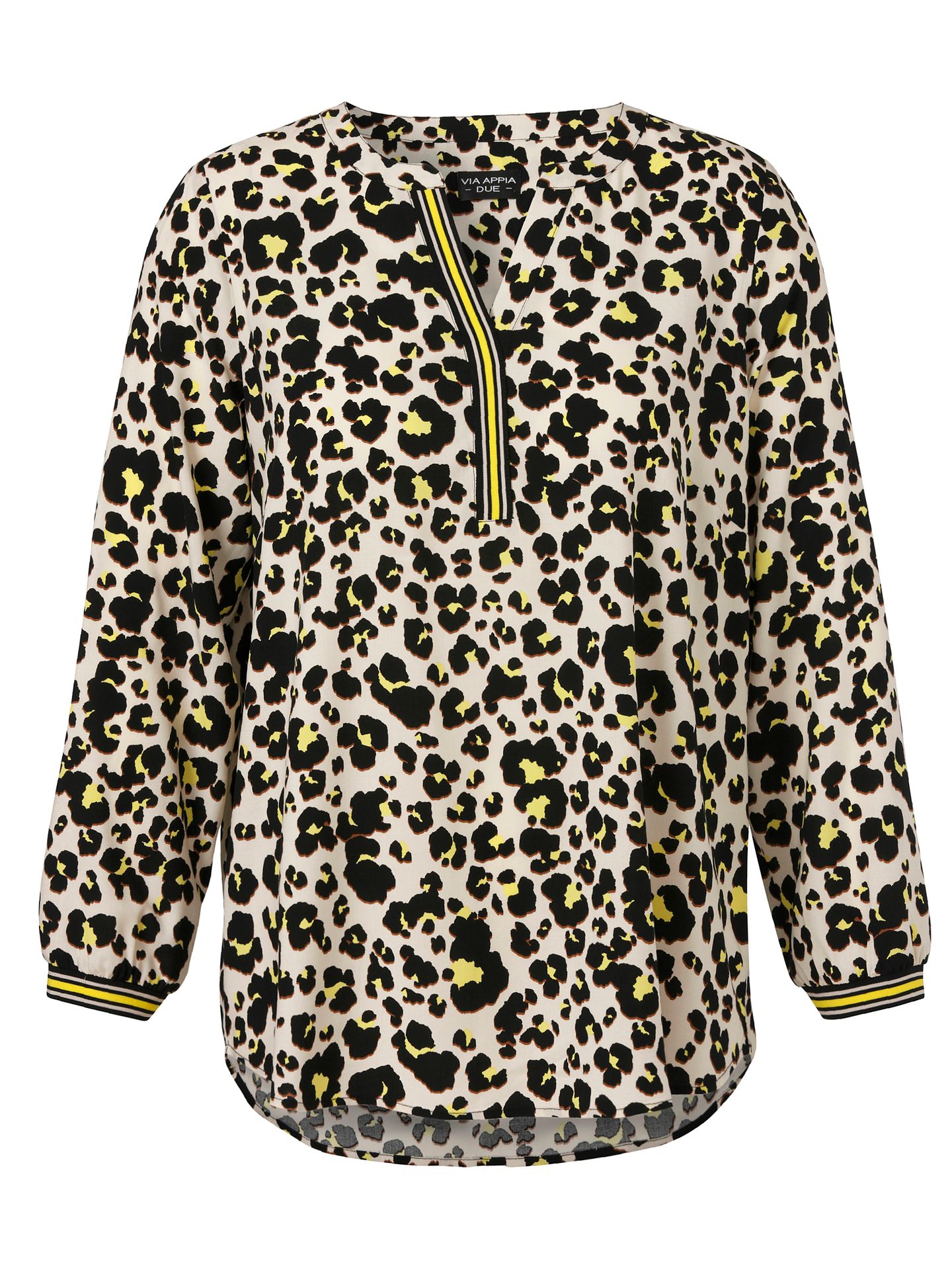 Tunika mit wildem Allover-Druck und neonfarbenem Applikationen am Ausschnitt aus reiner  Viskose