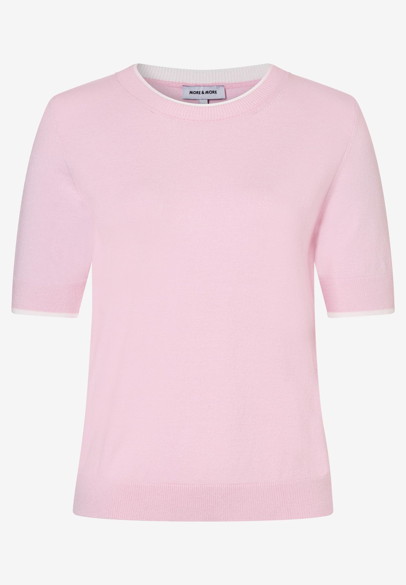 flauschiger Kurzarm-Pullover mit weißem Streifen an Ausschnitt und Ärmel aus Viskose-Mix