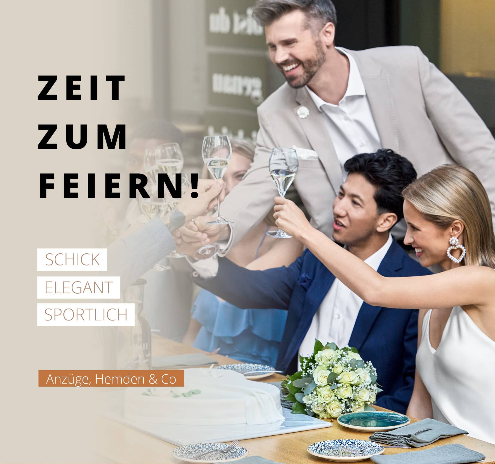 Hochzeitsgesellschaft mit Männern im Anzug und Frau in Kleid