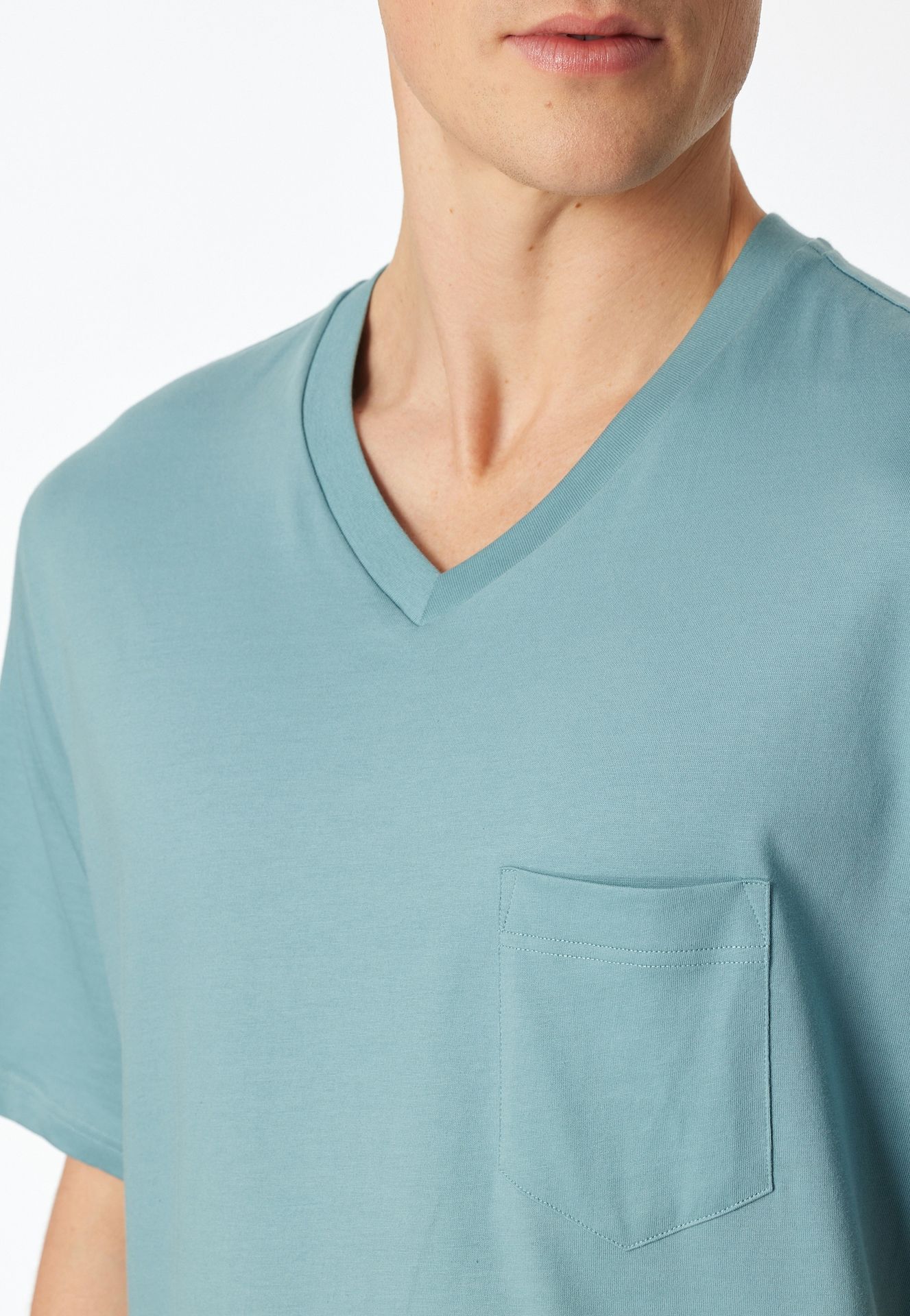 kurzer Herren-Schlafanzug mit uni Oberteil und gemusterter Hose aus reinem Baumwoll-Jersey