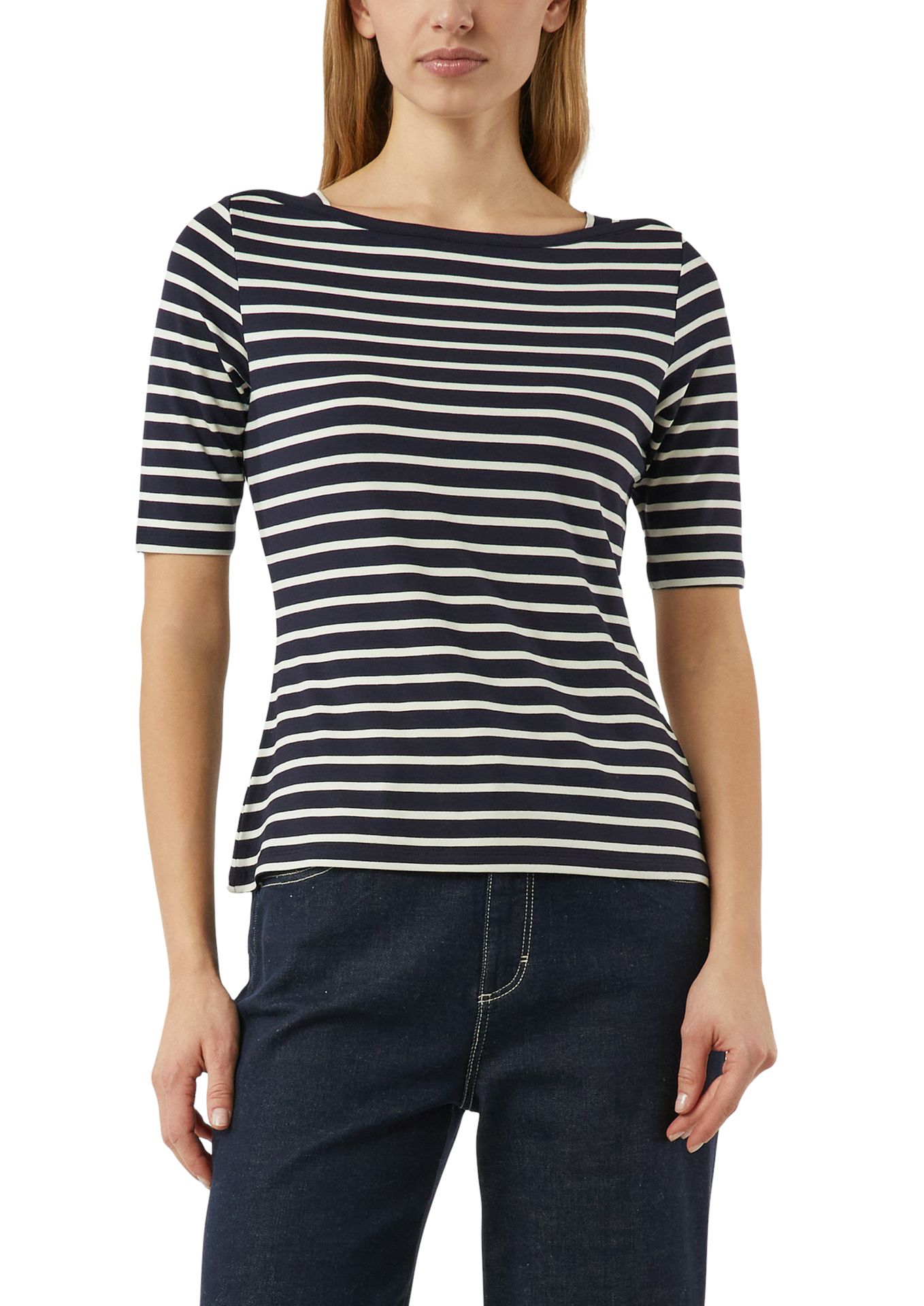 Ringel-T-Shirt mit U-Boot-Kragen aus Viskose-Elasthan