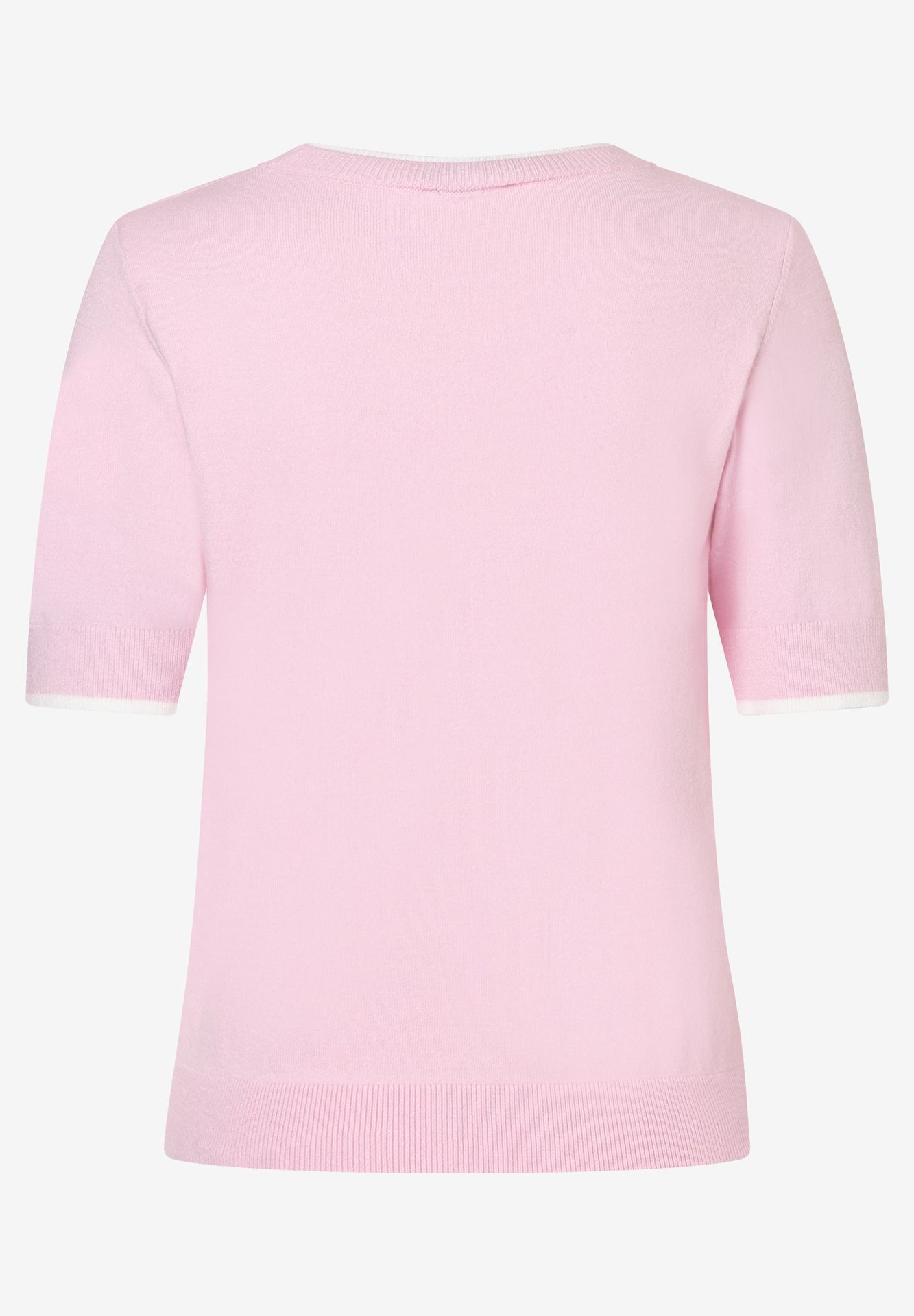 flauschiger Kurzarm-Pullover mit weißem Streifen an Ausschnitt und Ärmel aus Viskose-Mix