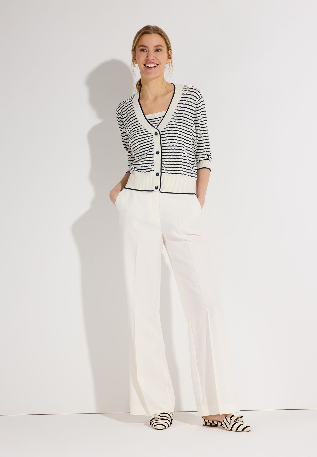 3/4 Arm-Strick-Cardigan mit feinem Ringel aus Viskose-Mix