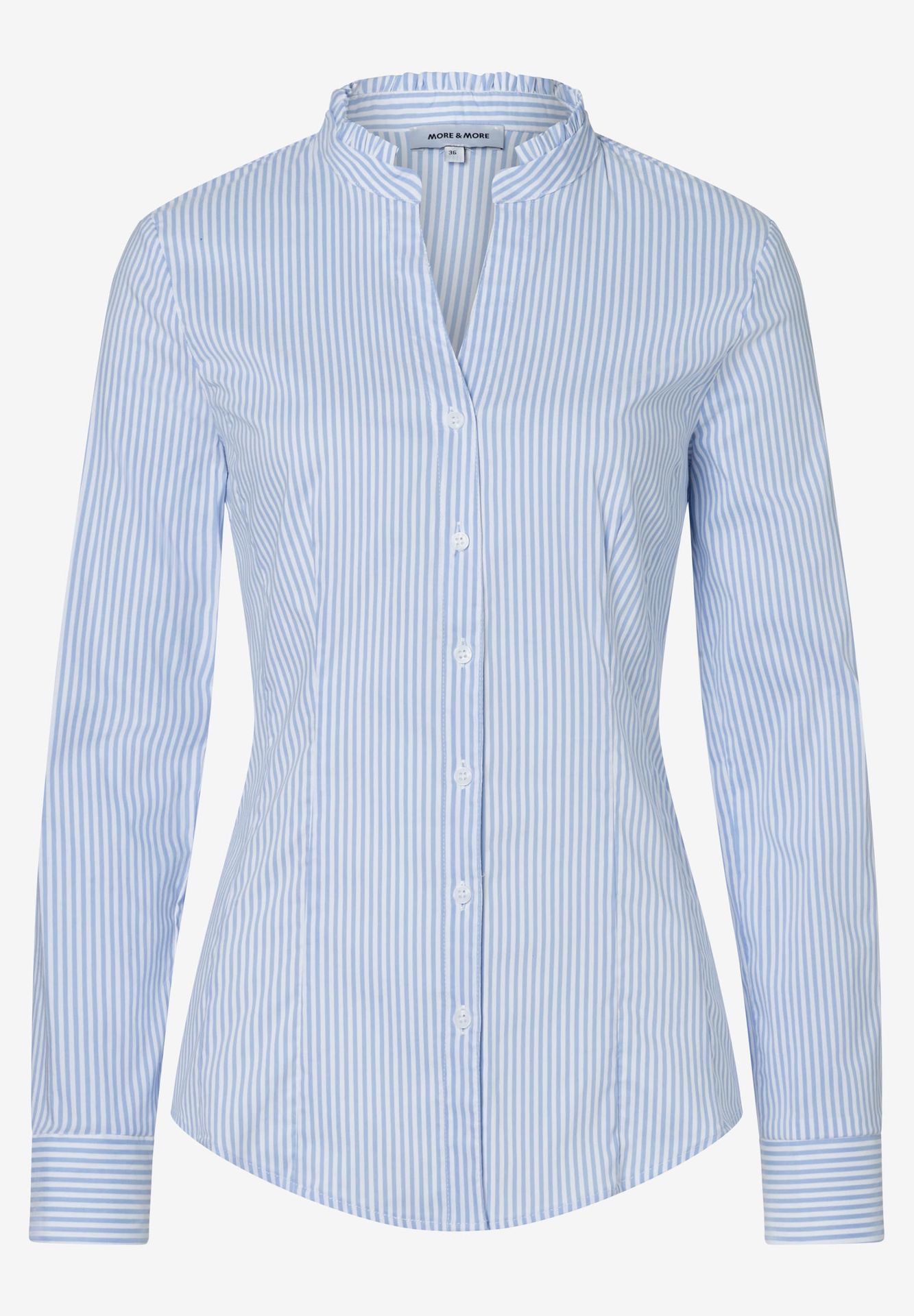 feminine Streifenbluse mit Rüschenkante am Stehkragen aus Baumwoll-Elasthan-Mix