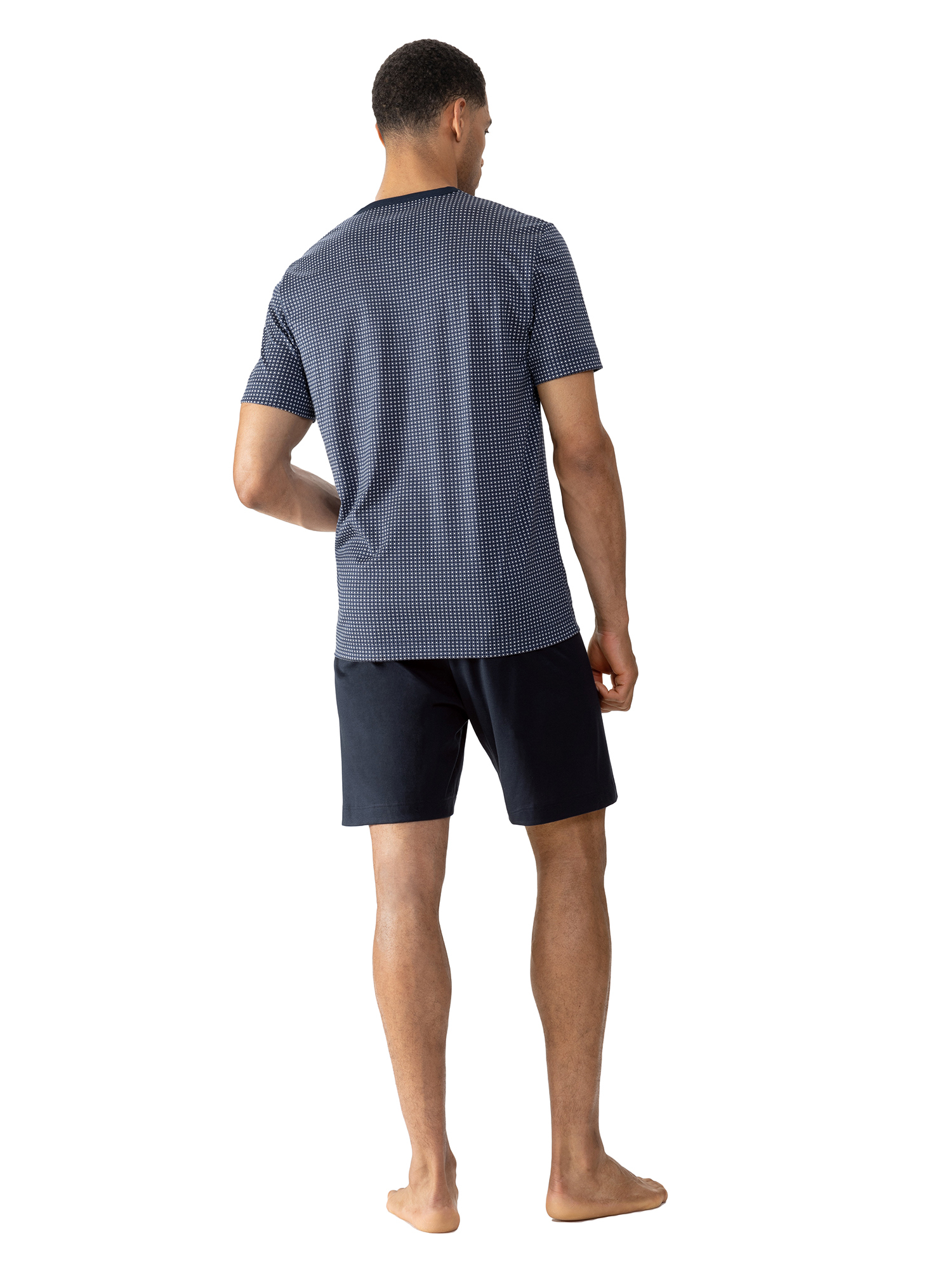 kurzer Herren Schlafanzug mit Oberteil im Minimal-Print und uni Hose aus reinem Baumwoll-Jersey