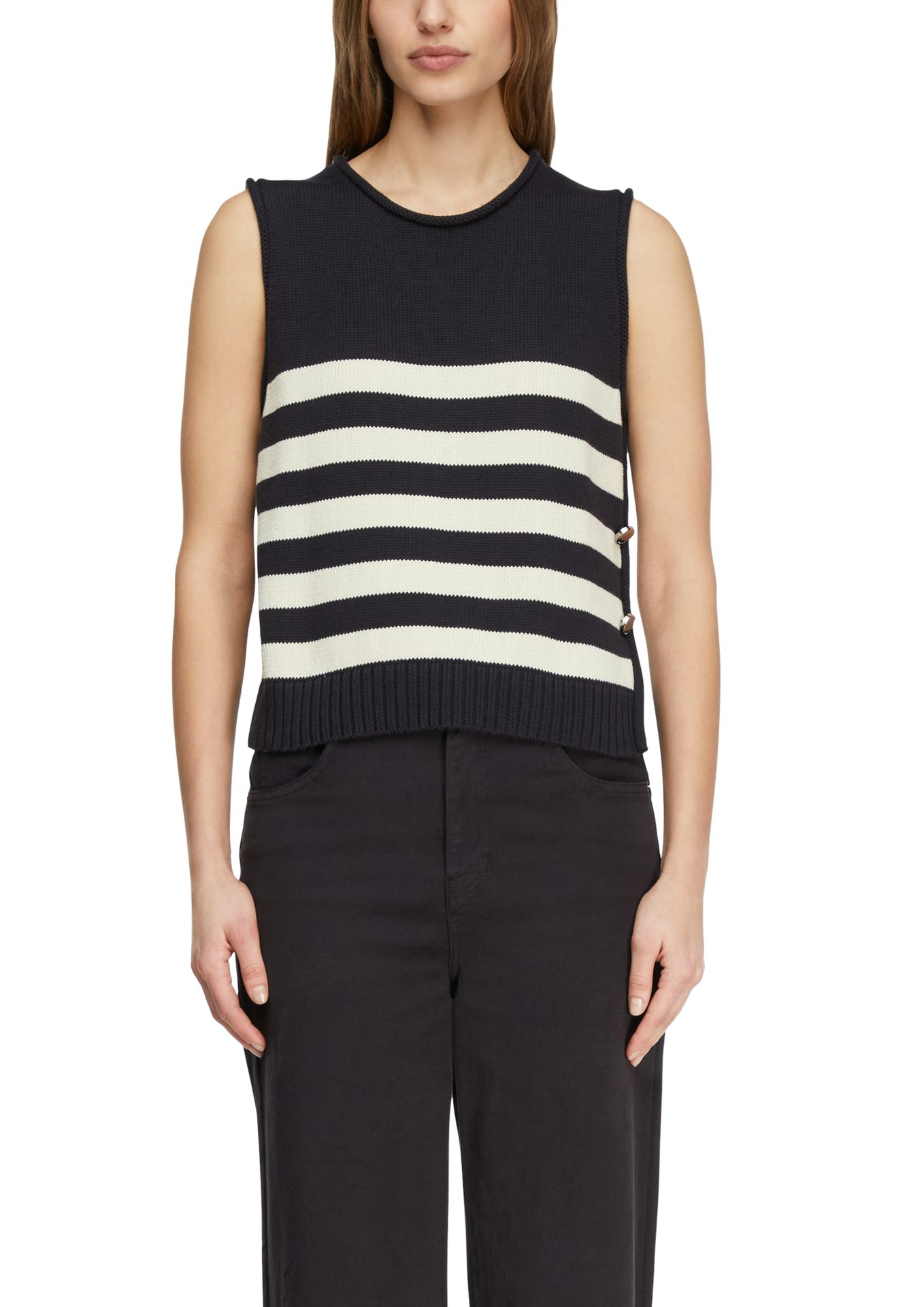 maritimer Strickpullunder mit seitl. Knopf-Applikation und Ringel aus reiner Baumwolle