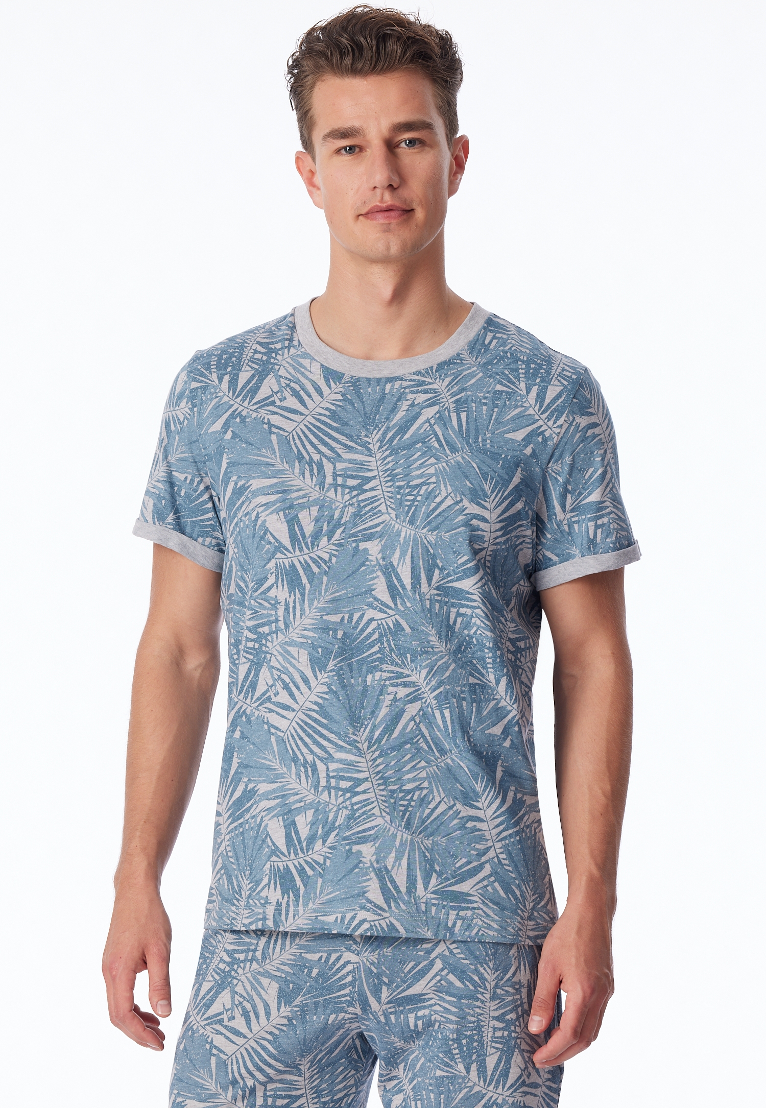 Herren-Lounge-T-Shirt "Mix&Relax" mit Blätter-Allover-Print aus 100 % Organic Cotton-Single-Jersey