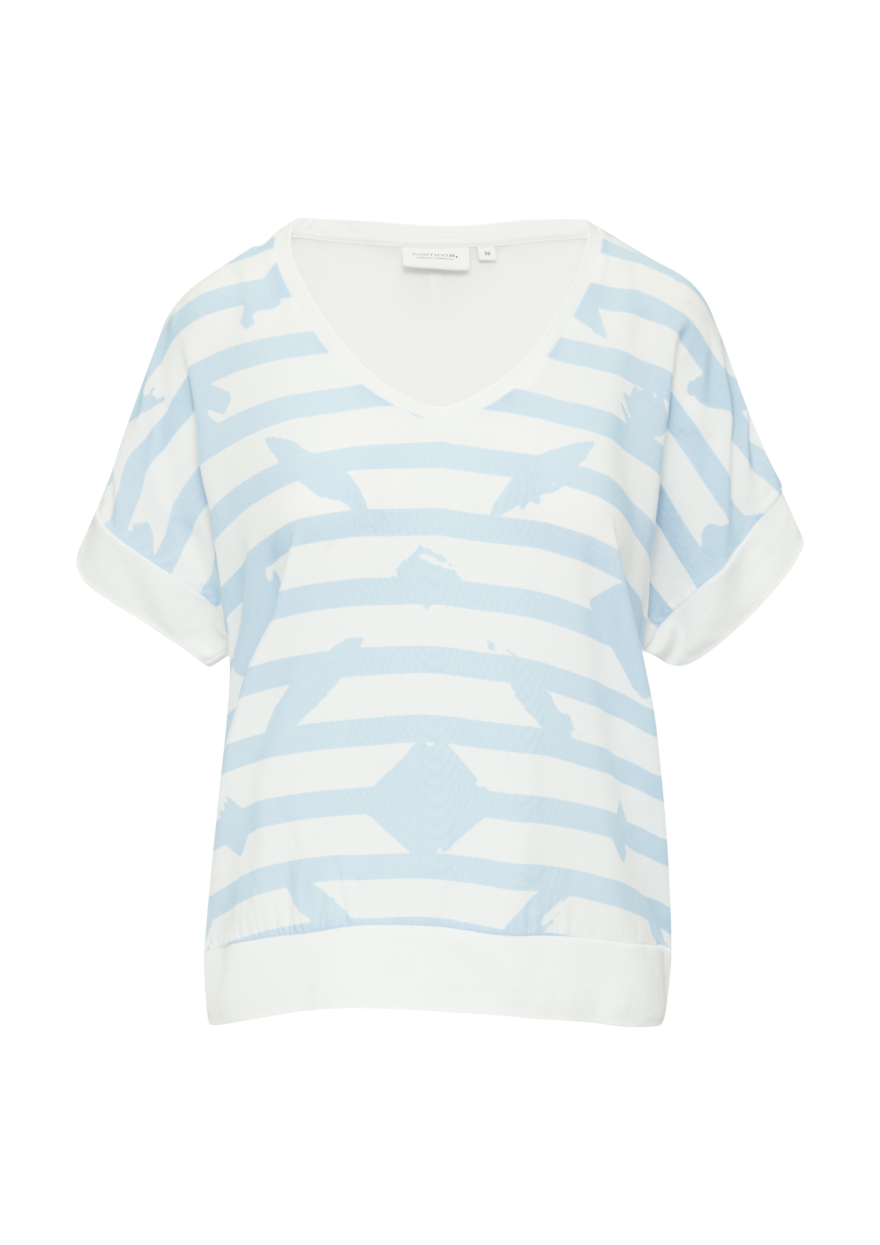 T-Shirt mit Blockstreifen und Vogel-Print aus Viskose