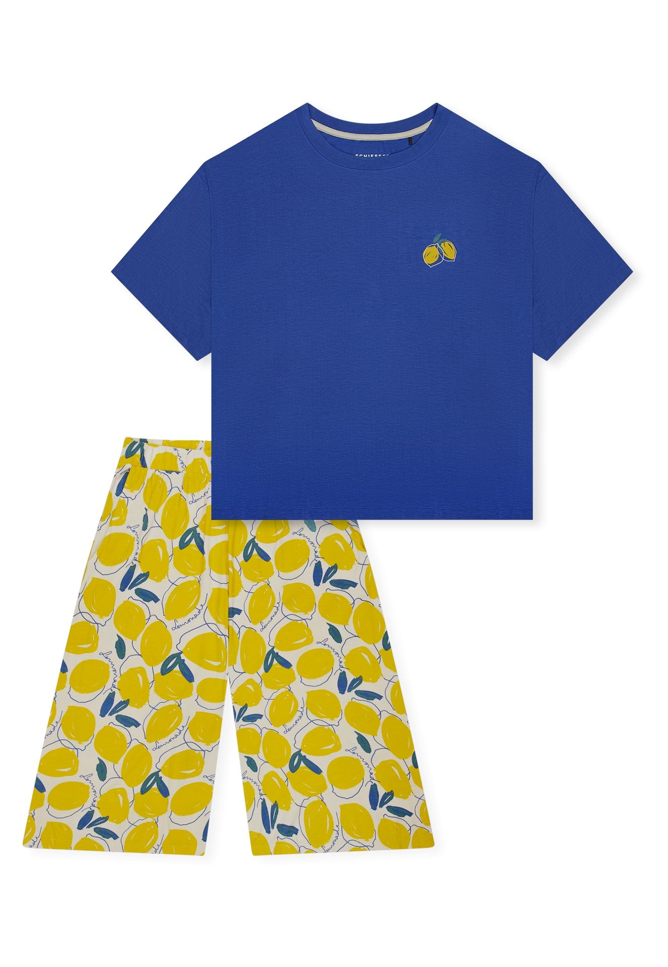 Sommer-Schlafanzug mit uni Oberteil und Hose im Allover-Zitronen-Druck aus Modal