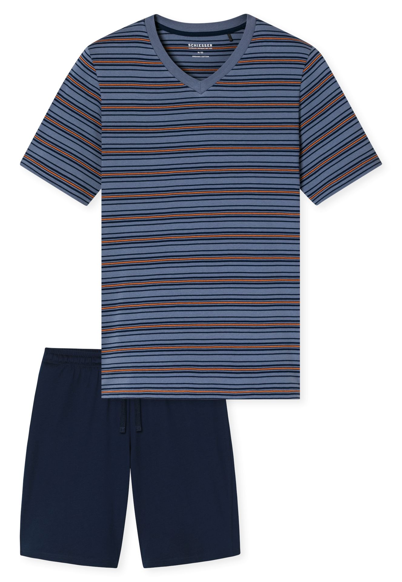 kurzer Herren-Schlafanzug mit geringeltem Oberteil und uni Shorts aus reinem Baumwoll-Jersey