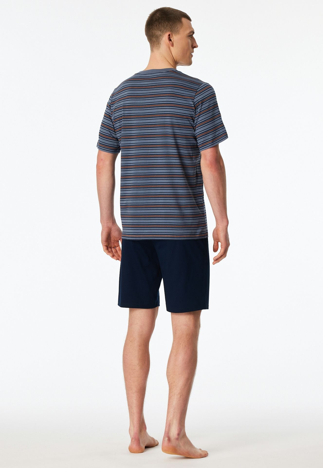 kurzer Herren-Schlafanzug mit geringeltem Oberteil und uni Shorts aus reinem Baumwoll-Jersey