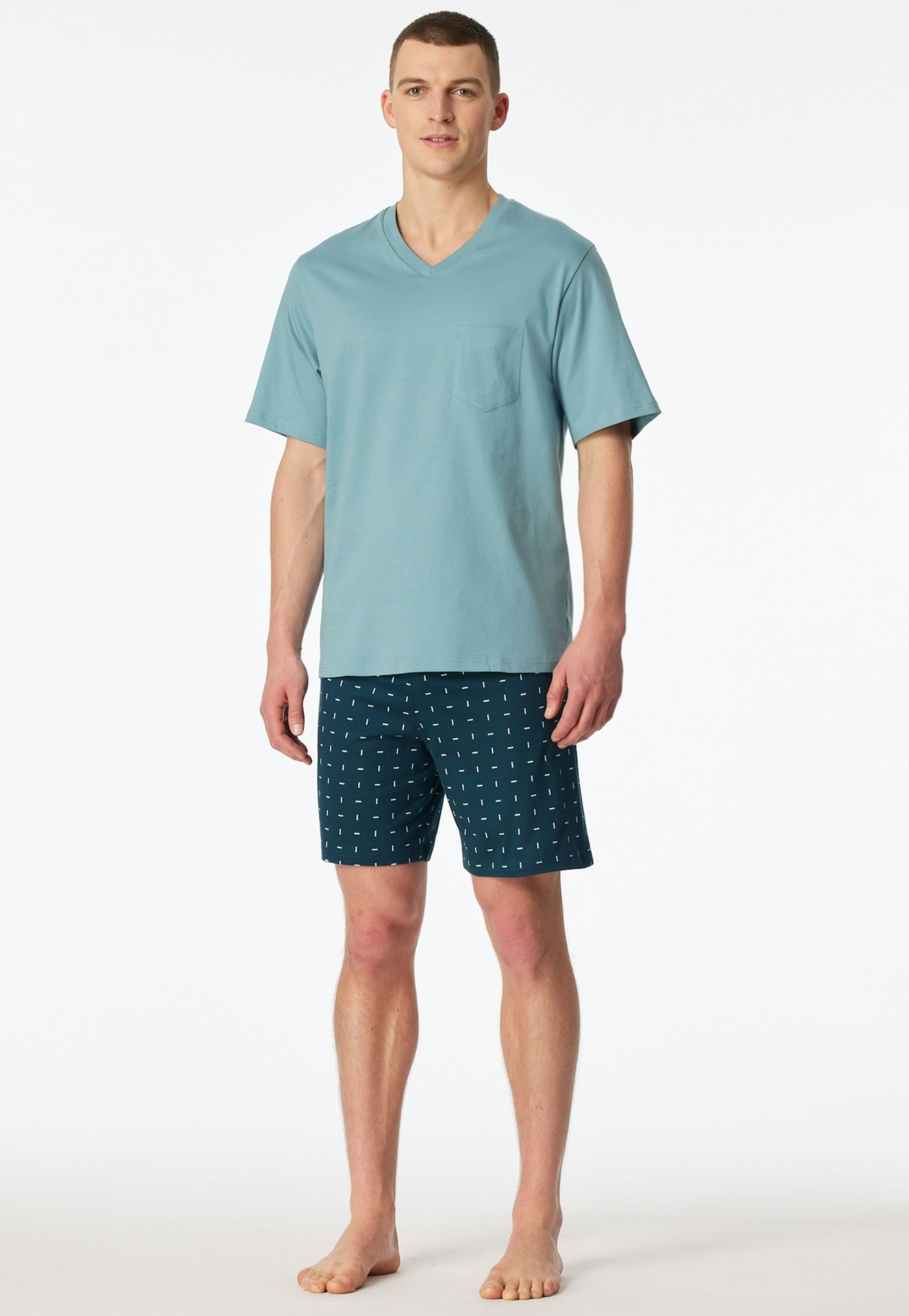 kurzer Herren-Schlafanzug mit uni Oberteil und gemusterter Hose aus reinem Baumwoll-Jersey