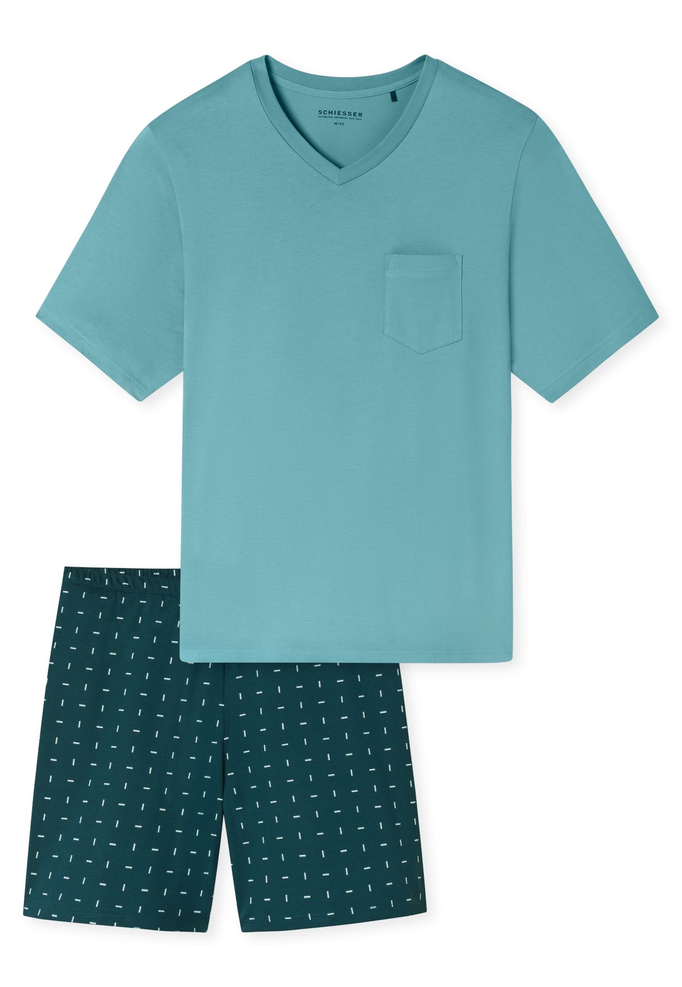 kurzer Herren-Schlafanzug mit uni Oberteil und gemusterter Hose aus reinem Baumwoll-Jersey