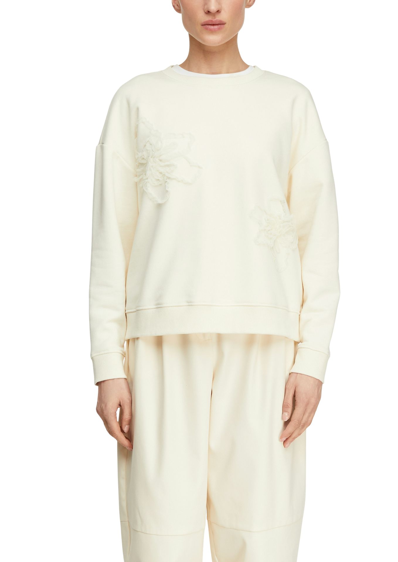 uni Sweatshirt mit romantischem Blumen-Stick-Applikationen aus Baumwoll-Mix