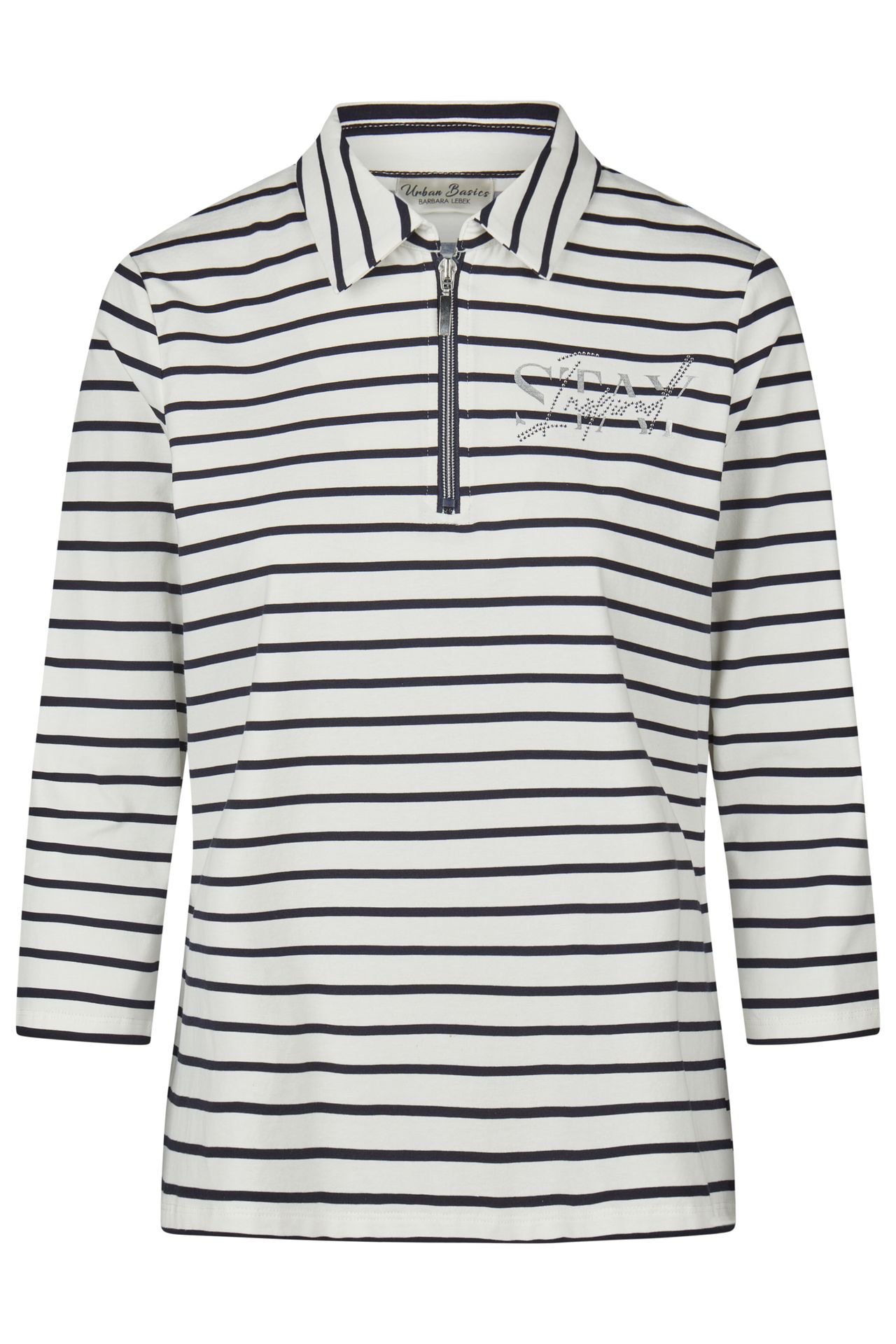 3/4 Arm-Poloshirt mit schmalem Ringel und Zipper aus Baumwoll-Elasthan