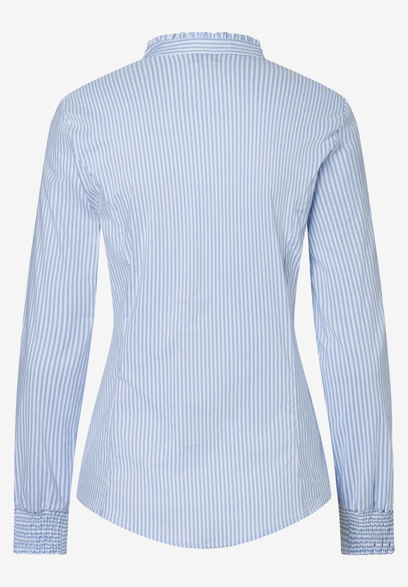 feminine Streifenbluse mit Rüschenkante am Stehkragen aus Baumwoll-Elasthan-Mix