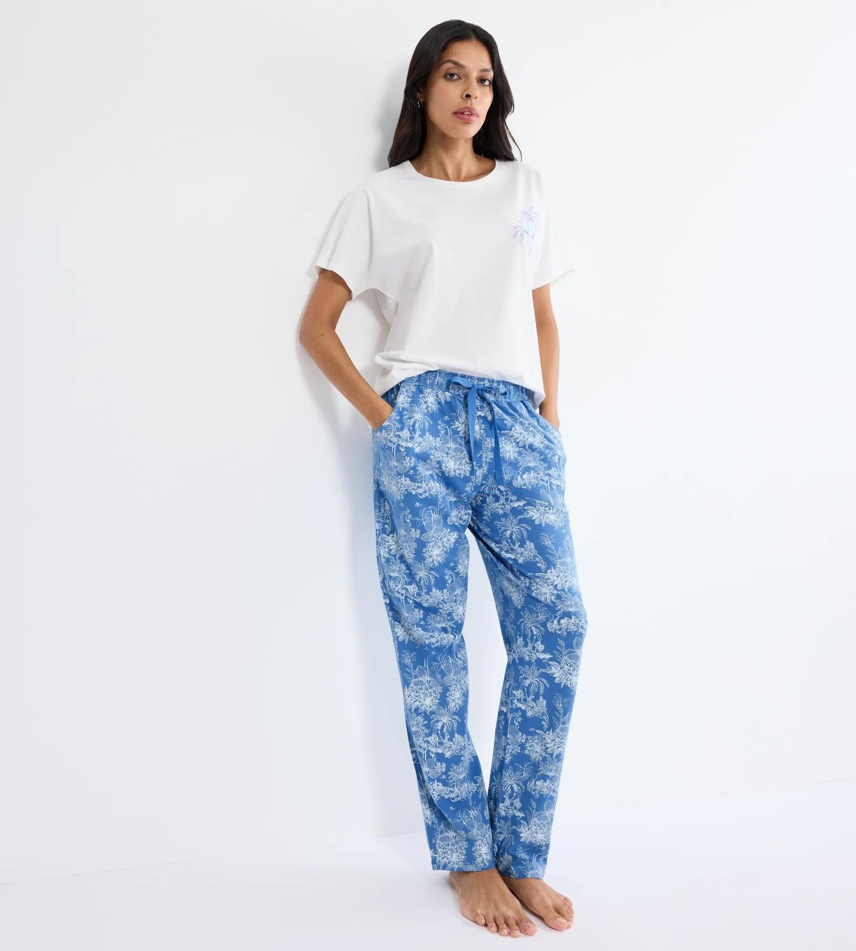 lange Sleepwear-Hose mit Allover-Lingerie-Muster aus reinem Baumwoll-Jersey