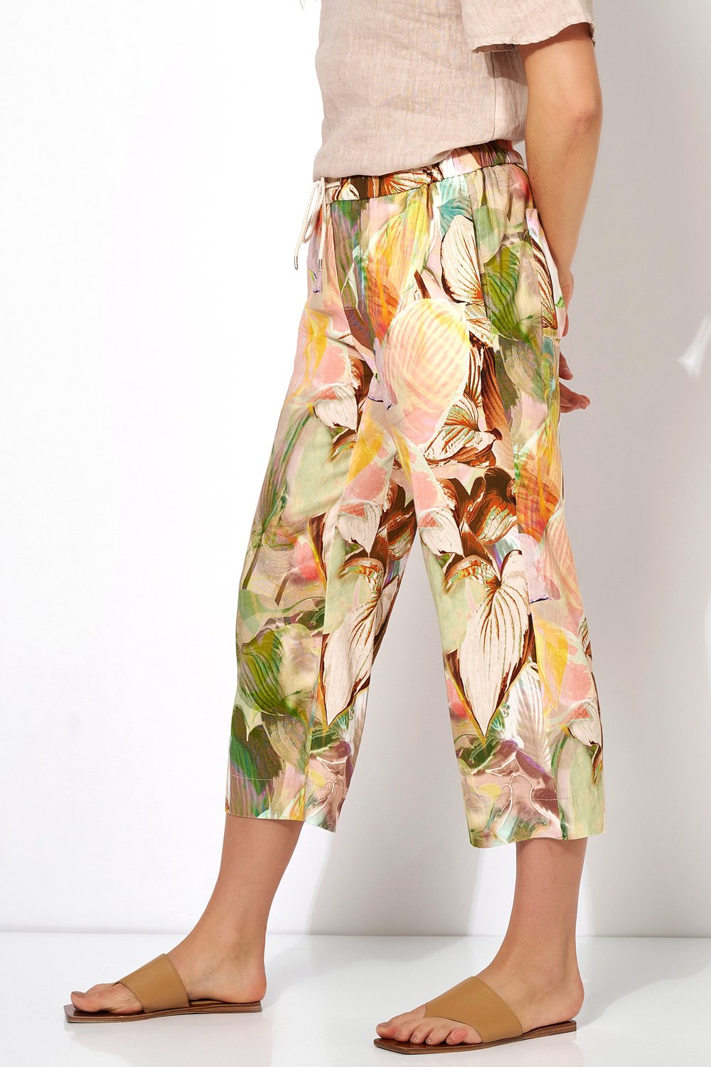 Leinen-Hose "Pia Wide Leg 3/4" mit floralem Druck