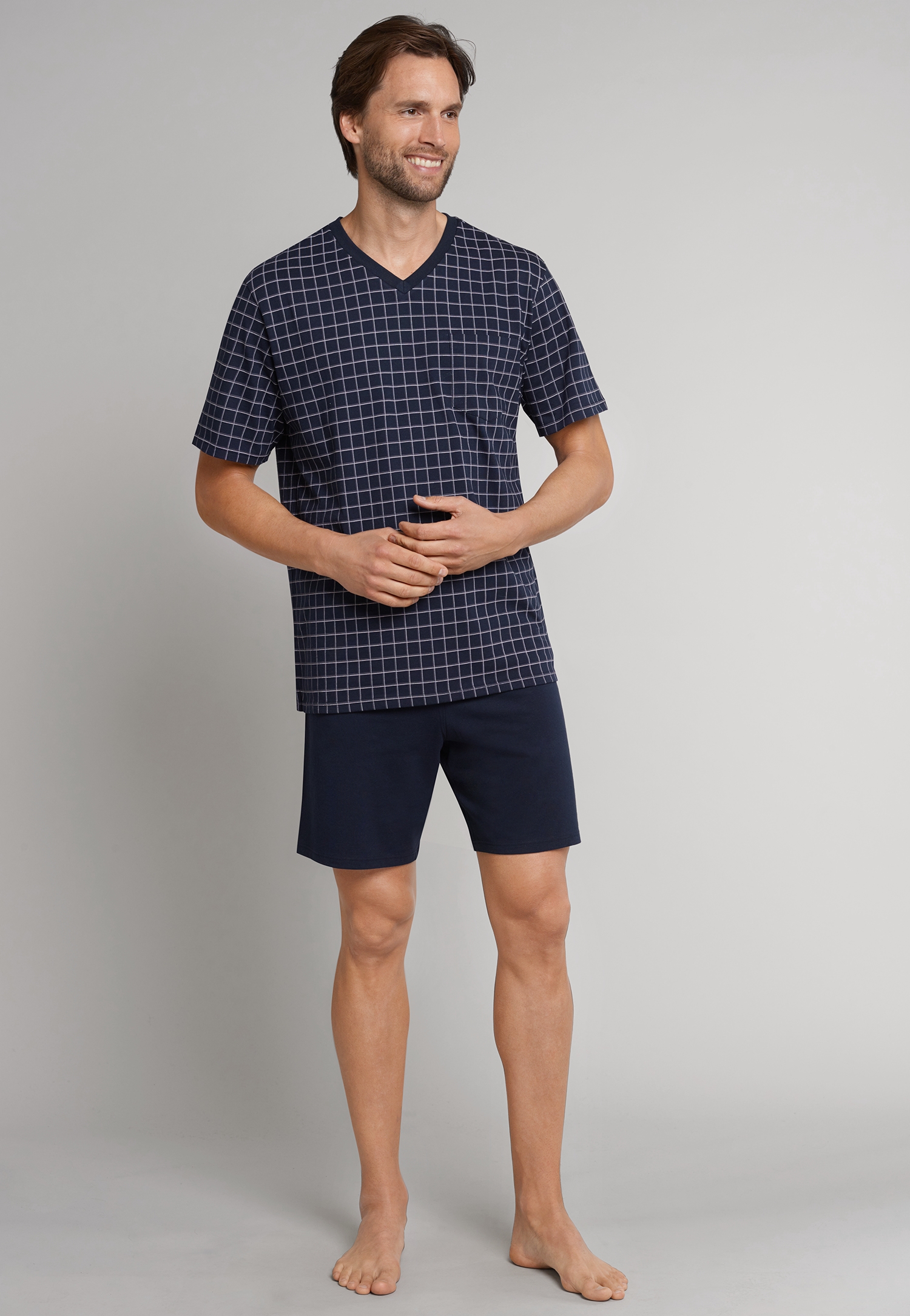 kurzer Herren-Schlafanzug  mit kariertem Oberteil aus Baumwoll-Single-Jersey