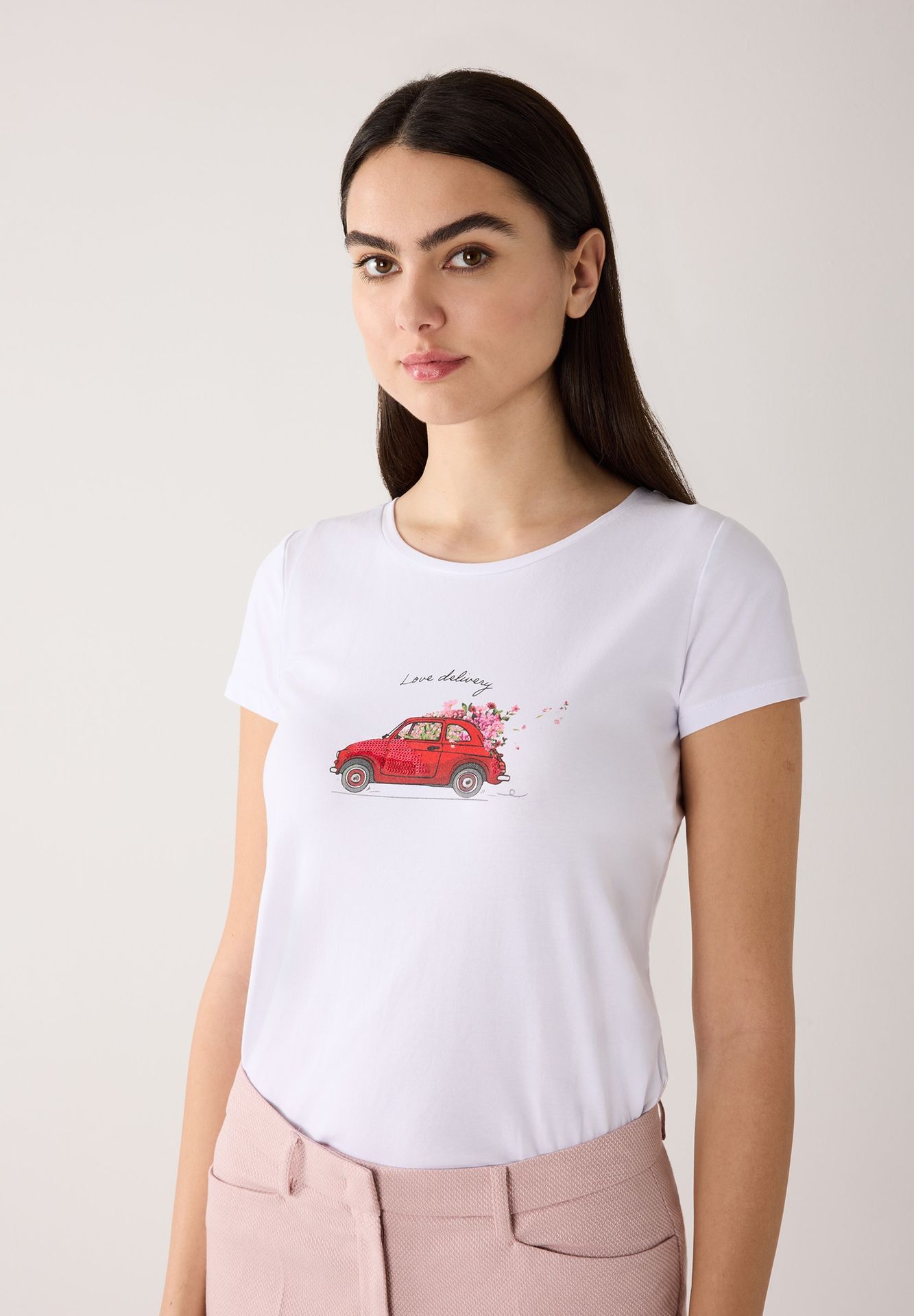 weisses T-Shirt mit Frontprint mit Pailletten aus Baumwoll-Jersey